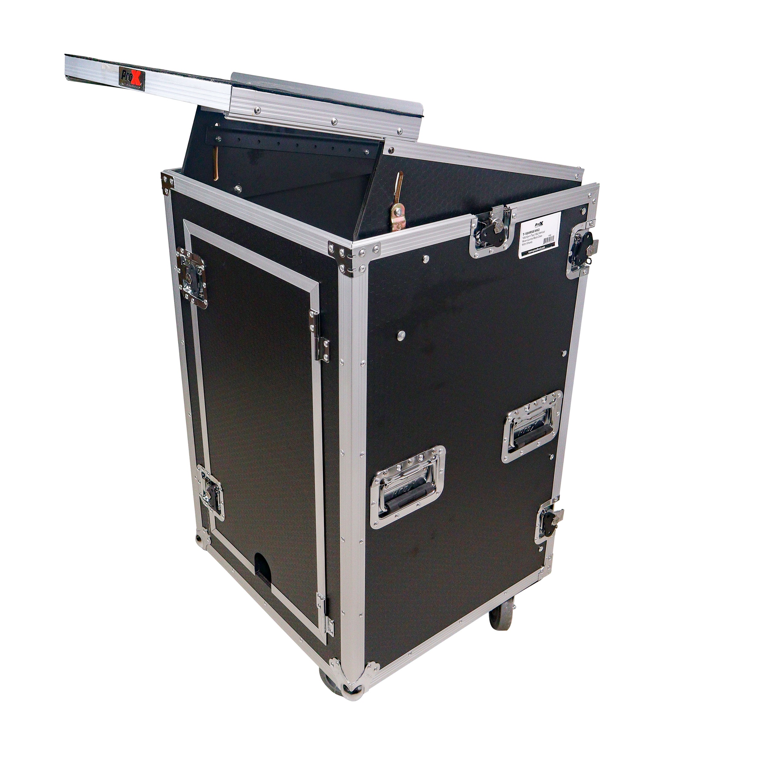 ProX 18U Vertical Rack Mount Flight Case with 10U Top for Mixer Combo Amp Rack with Laptop Shelf and Caster Wheels