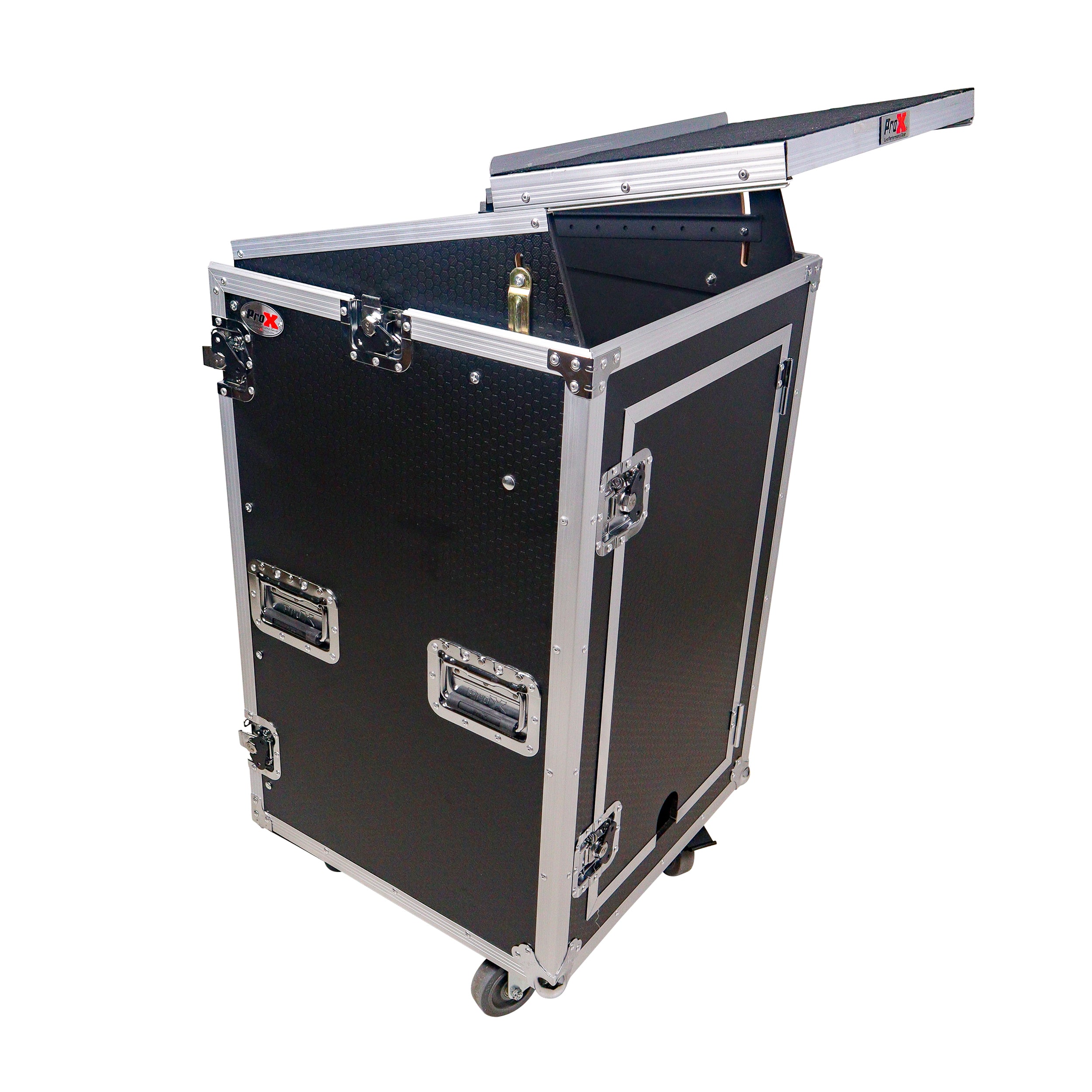 ProX 18U Vertical Rack Mount Flight Case with 10U Top for Mixer Combo Amp Rack with Laptop Shelf and Caster Wheels