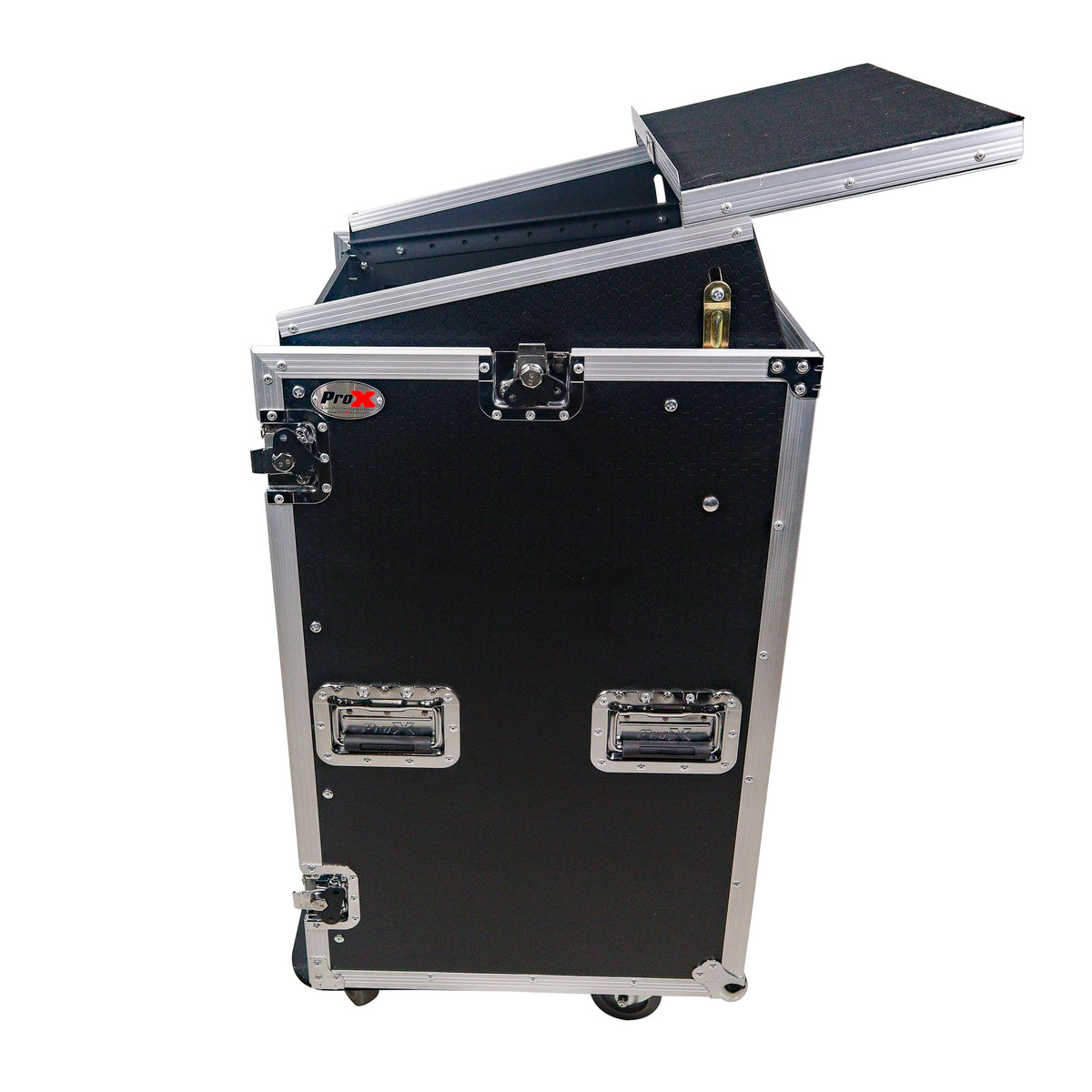 ProX 18U Vertical Rack Mount Flight Case with 10U Top for Mixer Combo Amp Rack with Laptop Shelf and Caster Wheels.