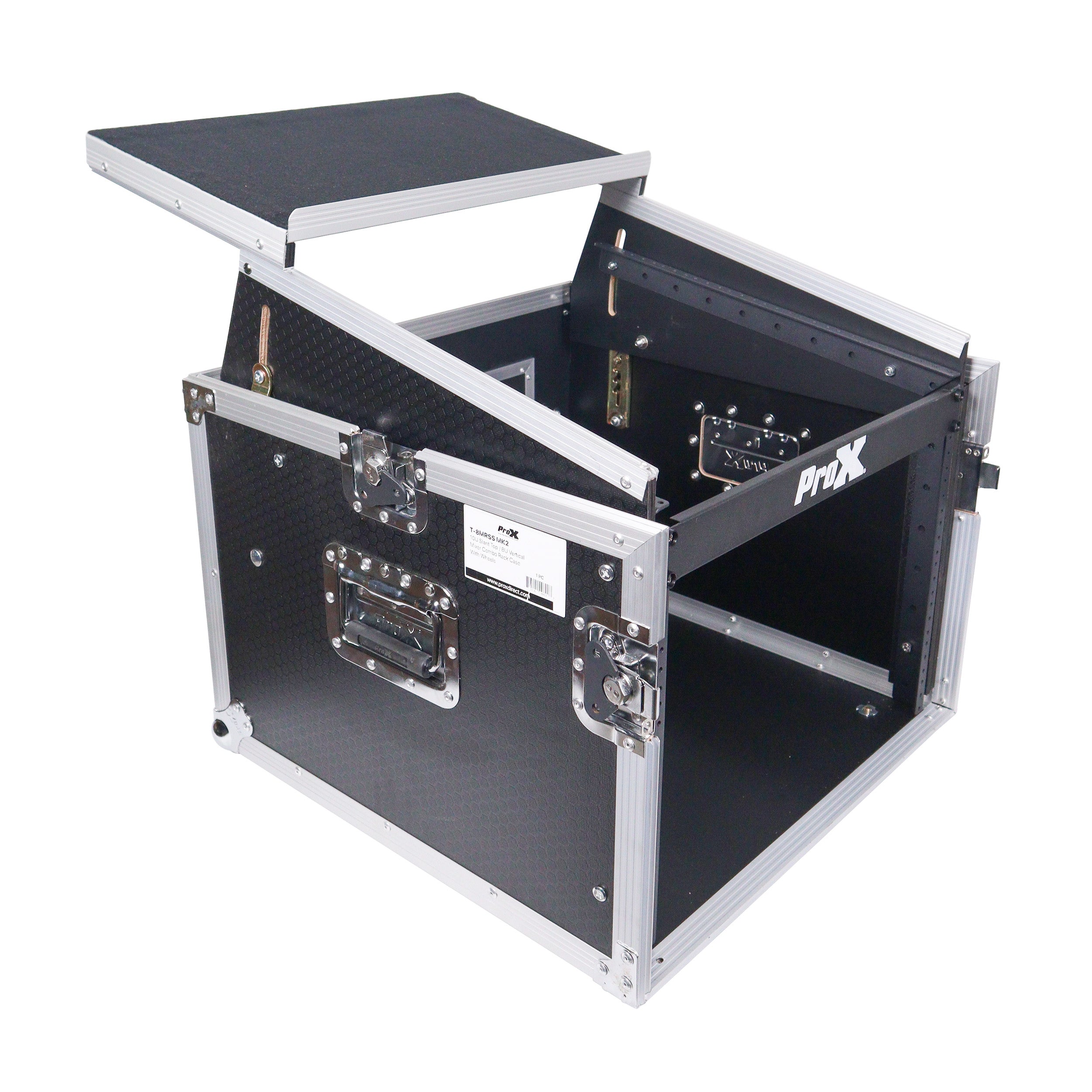 ProX 8U Vertical Rack Mount Flight Case with 10U Top for Mixer Combo Amp Rack with Laptop Shelf