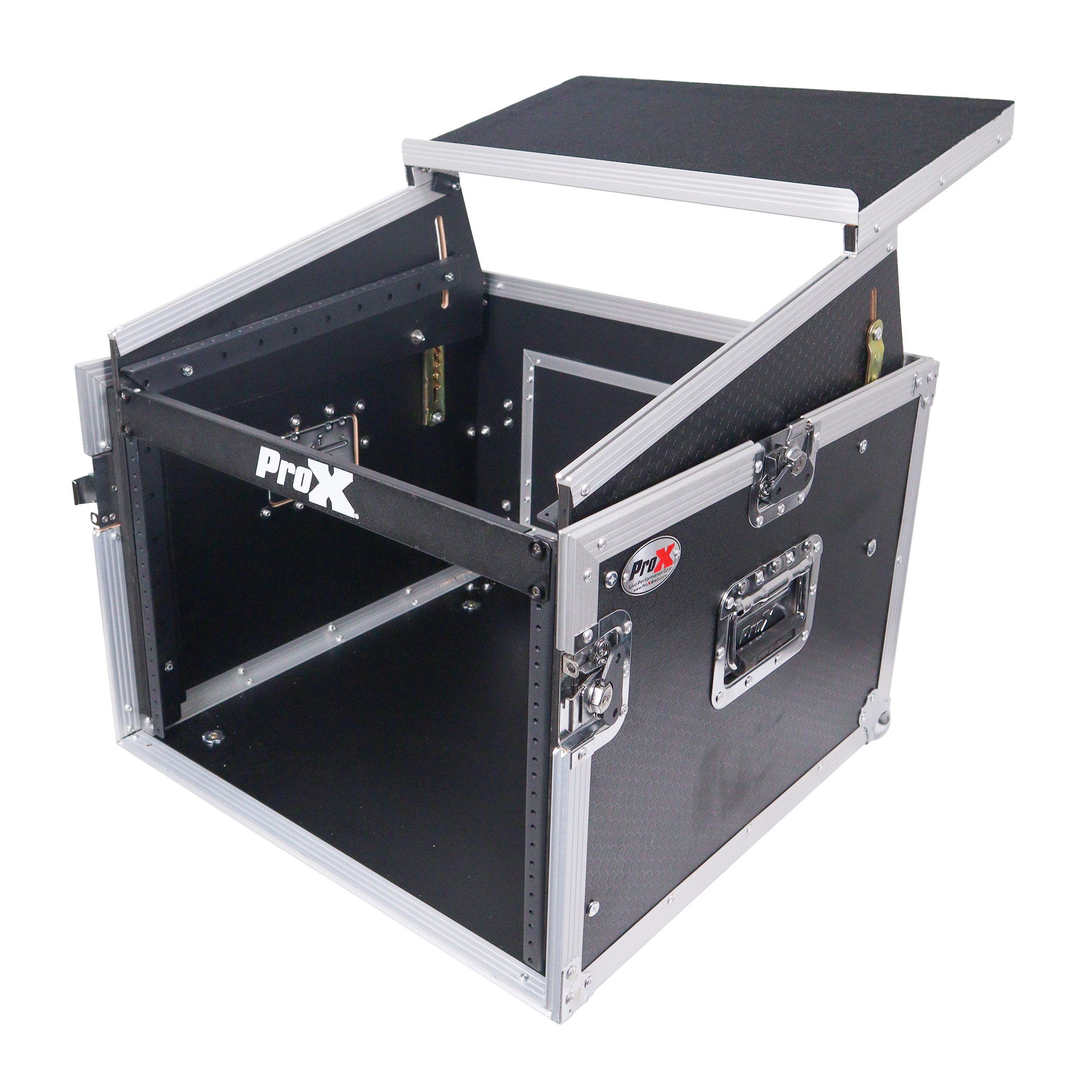 ProX 8U Vertical Rack Mount Flight Case with 10U Top for Mixer Combo Amp Rack with Laptop Shelf