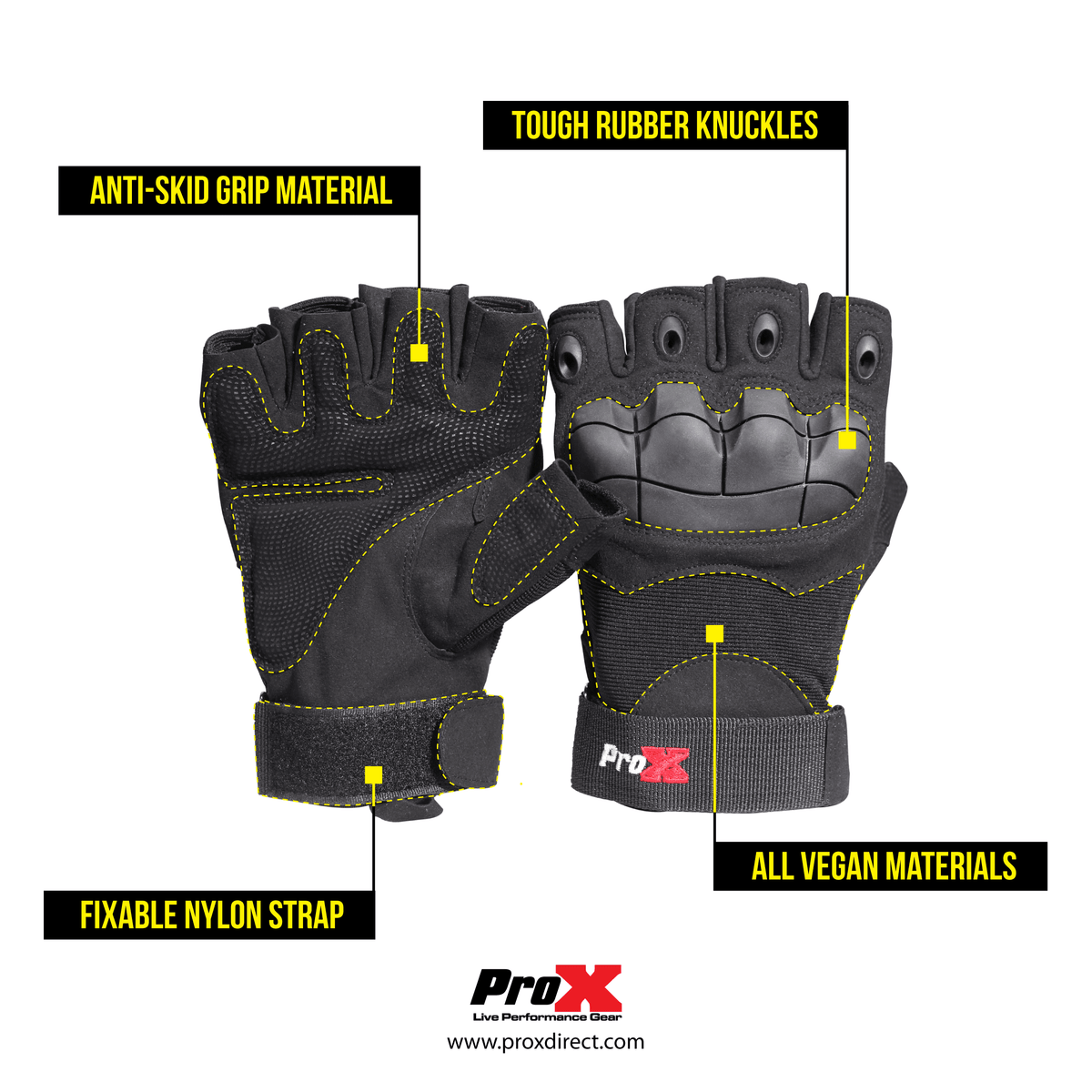 ProX X-GRIPZ Hard Rubber Knuckle Fingerless Gloves - For Truss and Stage Performance.