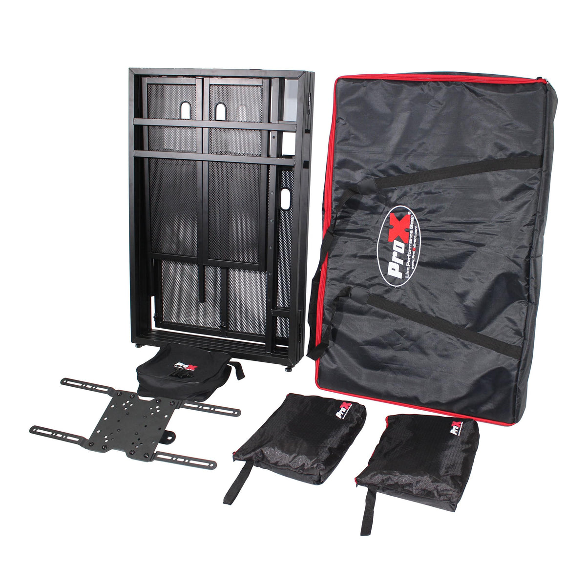 ProX MESA MEDIA MK2 DJ Facade Table Workstation Includes TV Bracket Mount White & Black Scrims and Carry Bag.
