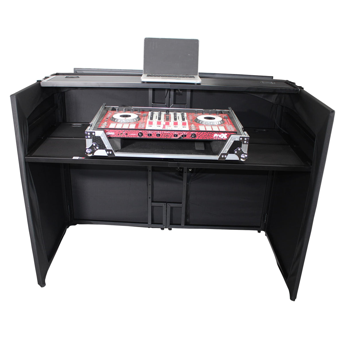 ProX MESA MEDIA MK2 DJ Facade Table Workstation Includes TV Bracket Mount White & Black Scrims and Carry Bag.