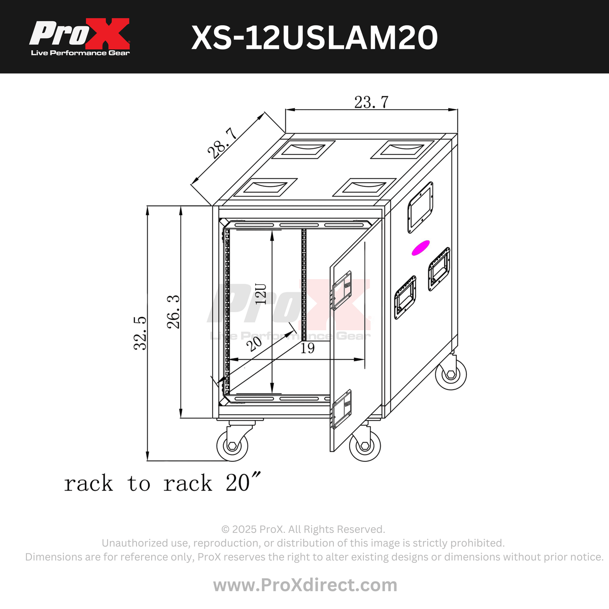 ProX 12U 20" Deep Vertical Rack to Rack Shock Mount Case with 2 Sliding Slam Doors & 4" Caster Wheels.