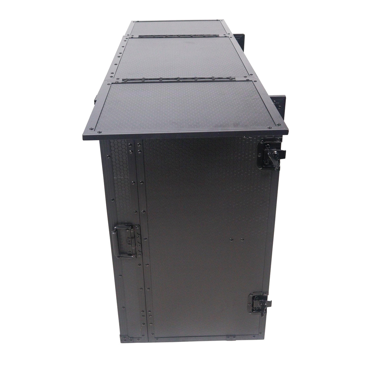 ProX Transformer Flight Case Style Folding DJ Table and Workstation with Smooth Rolling Wheels Black Finish.