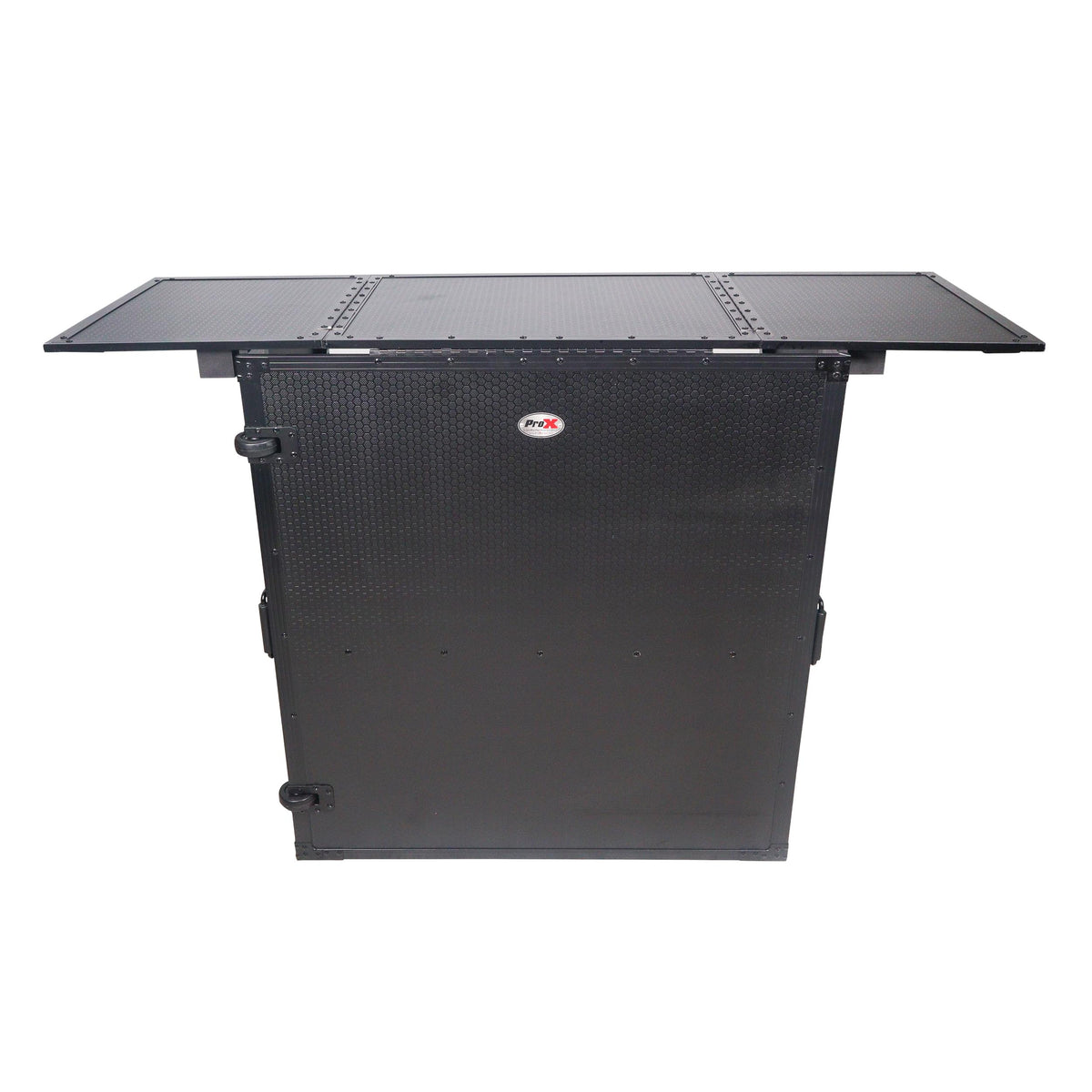 ProX Transformer Flight Case Style Folding DJ Table and Workstation with Smooth Rolling Wheels Black Finish.