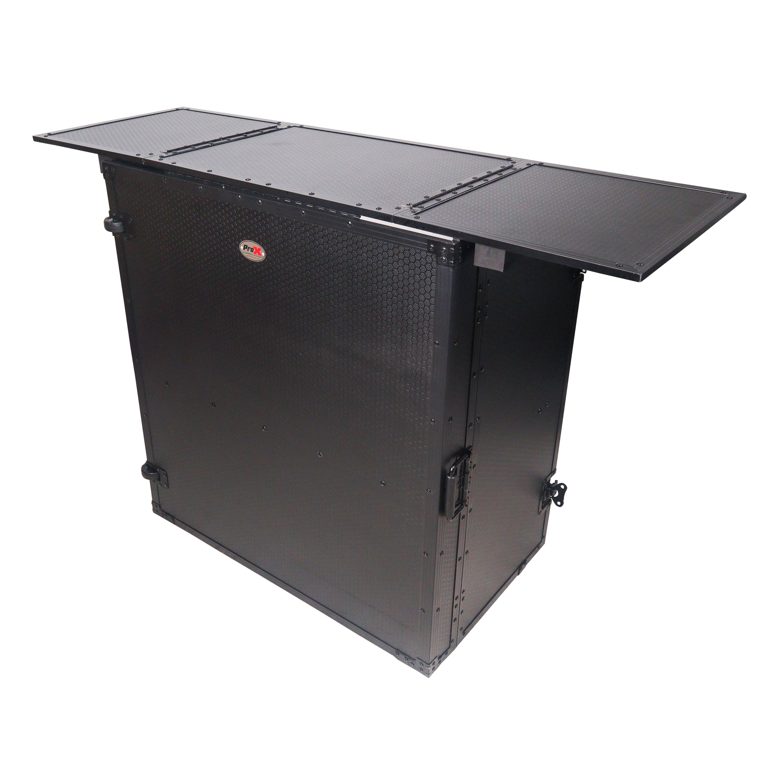 ProX Transformer Flight Case Style Folding DJ Table and Workstation with Smooth Rolling Wheels Black Finish