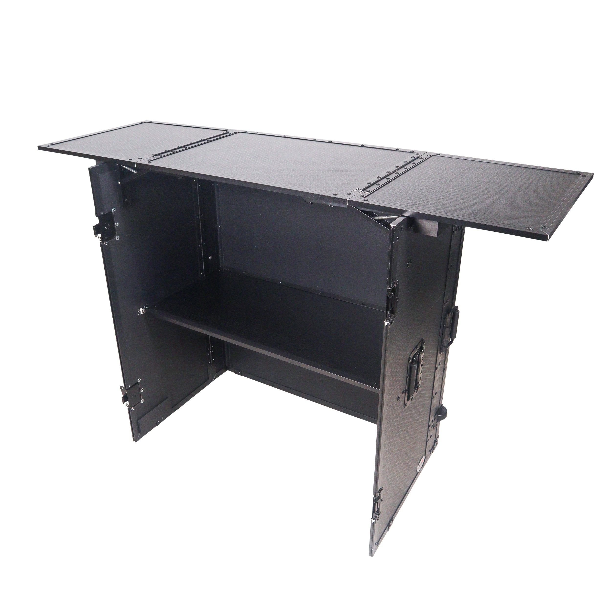 ProX Transformer Flight Case Style Folding DJ Table and Workstation with Smooth Rolling Wheels Black Finish