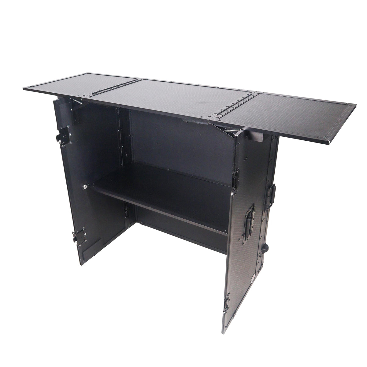 ProX Transformer Flight Case Style Folding DJ Table and Workstation with Smooth Rolling Wheels Black Finish.