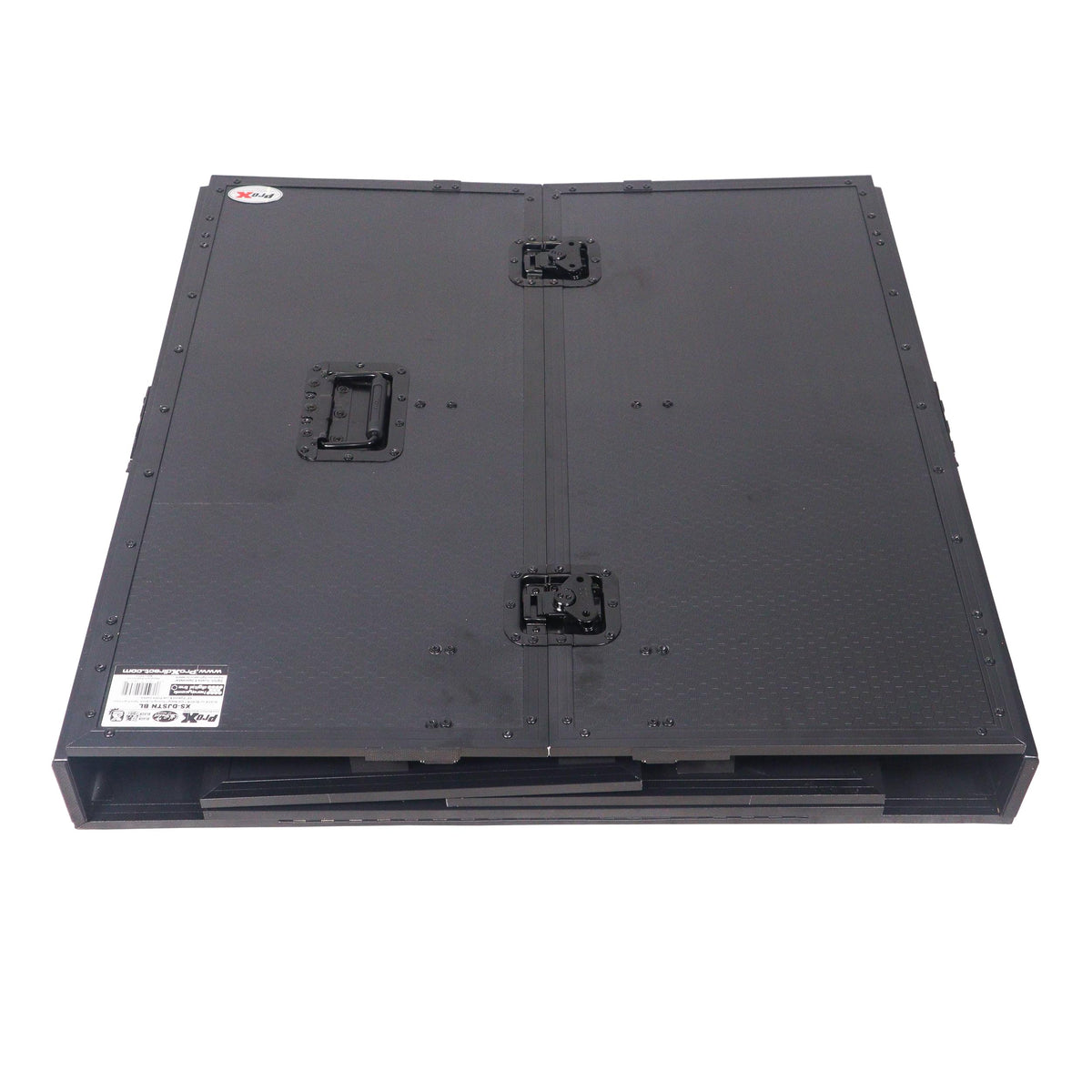 ProX Transformer Flight Case Style Folding DJ Table and Workstation with Smooth Rolling Wheels Black Finish.