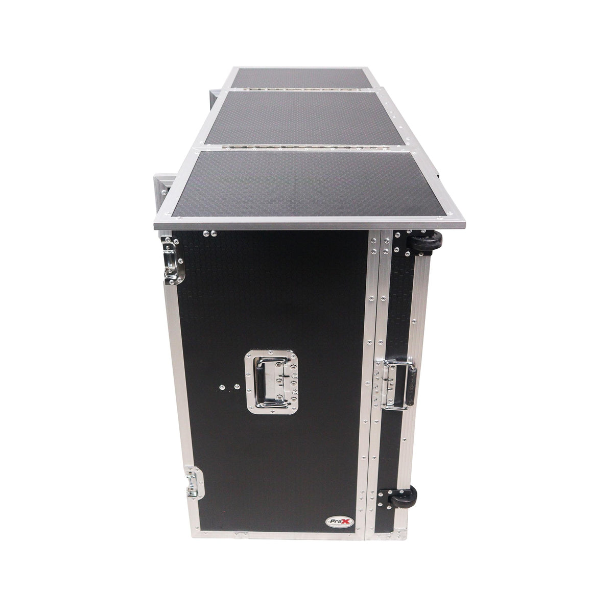 ProX Transformer Flight Case Style Folding DJ Table and Workstation with Smooth Rolling Wheels.