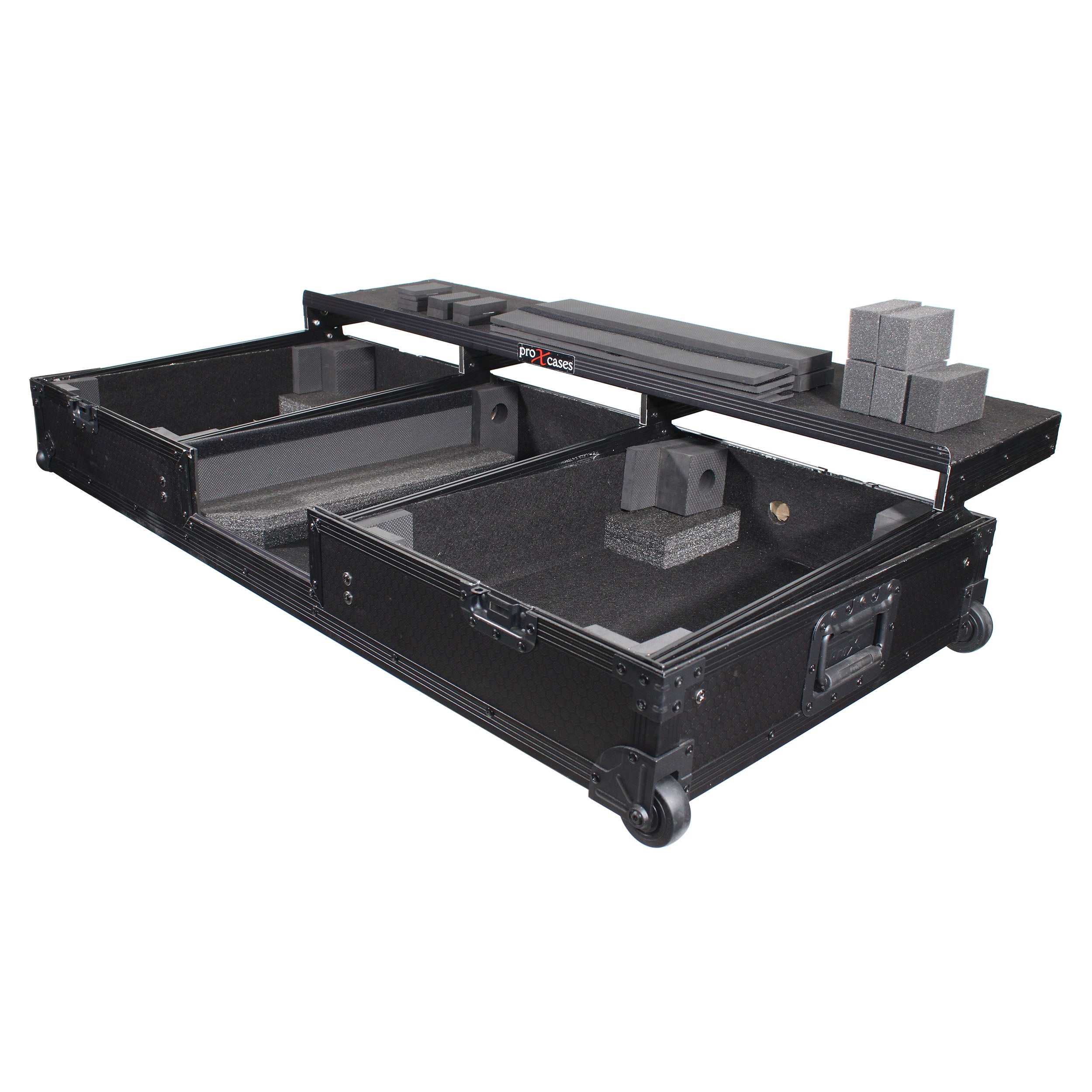 ProX Flight Coffin Case For 12" Rane 72 Mixer and 2 Turntables in Battle Mode W/ Laptop Shelf and Wheels Black on Black