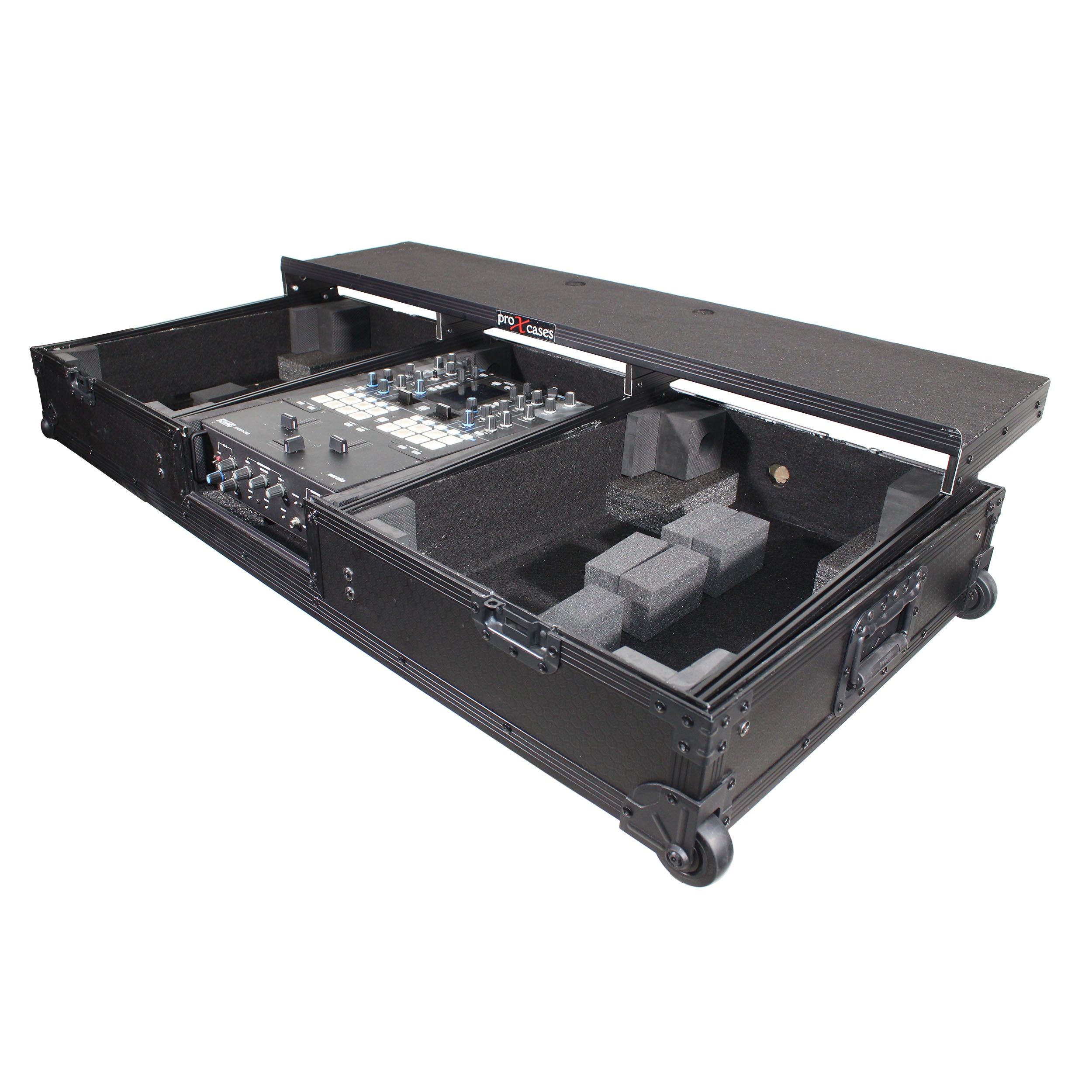 ProX Flight Coffin Case For 12" Rane 72 Mixer and 2 Turntables in Battle Mode W/ Laptop Shelf and Wheels Black on Black