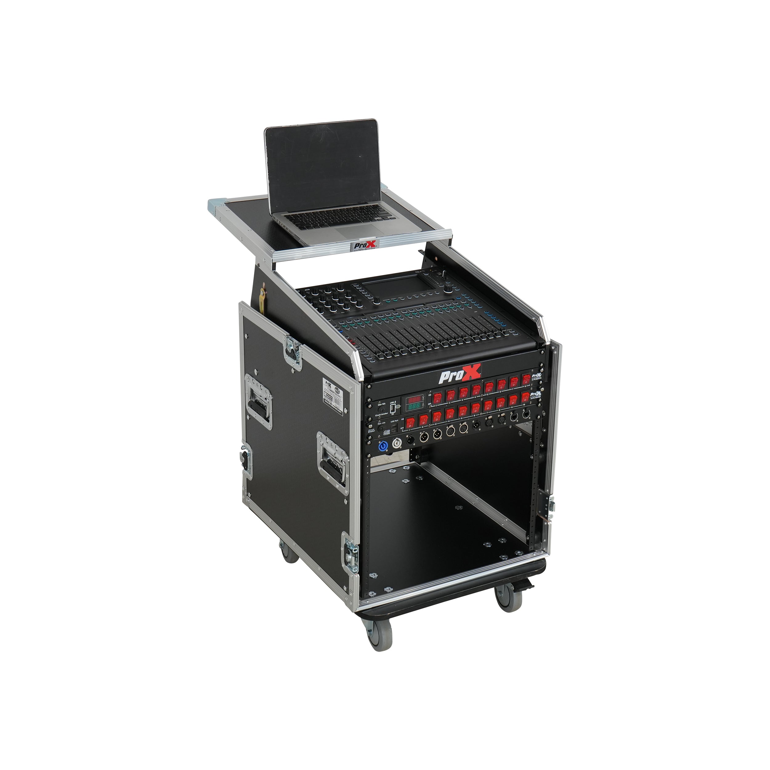 ProX 13U Top Mixer Audio Console DJ 12U Front Rack Combo Flight Case W Laptop Shelf and Casters
