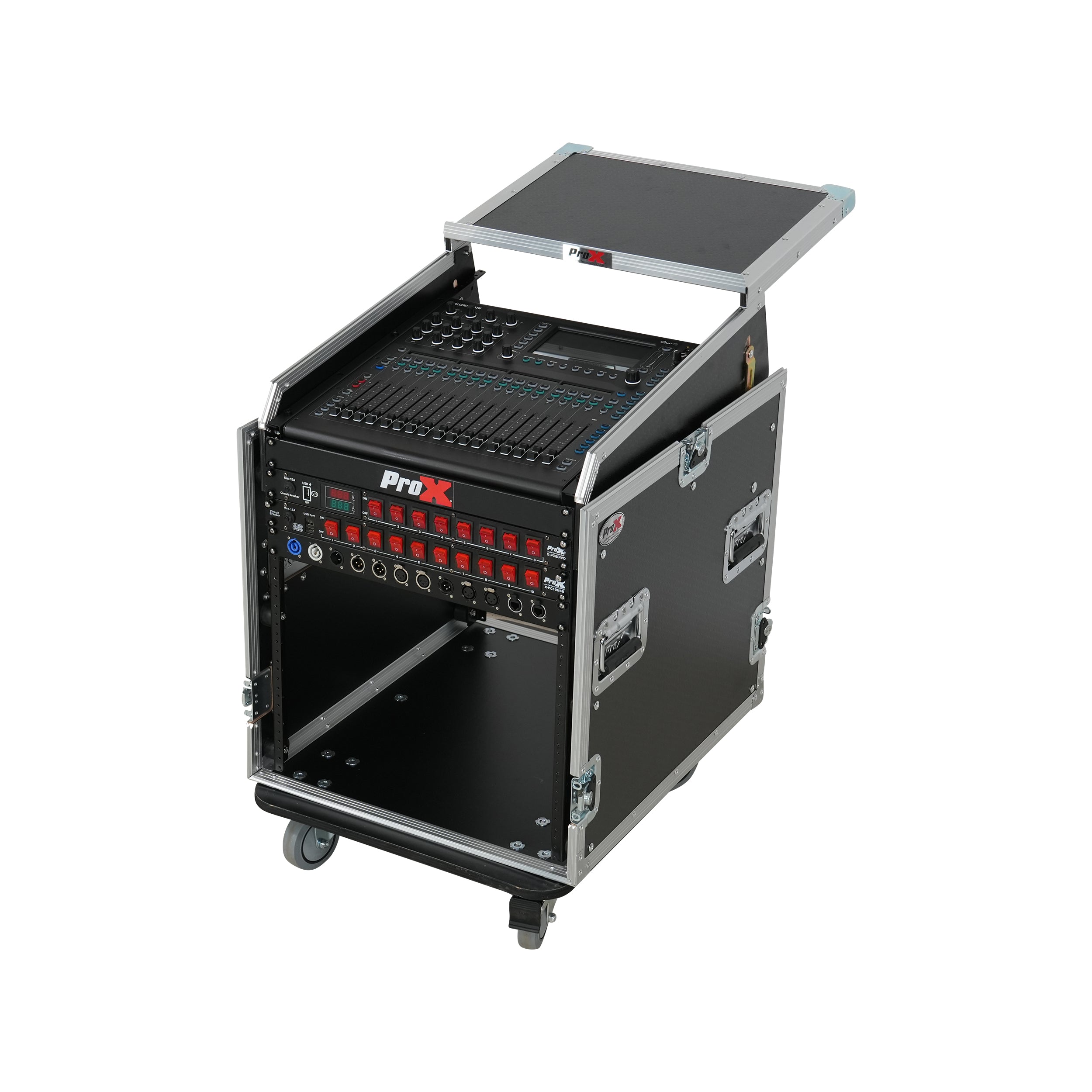 ProX 13U Top Mixer Audio Console DJ 12U Front Rack Combo Flight Case W Laptop Shelf and Casters