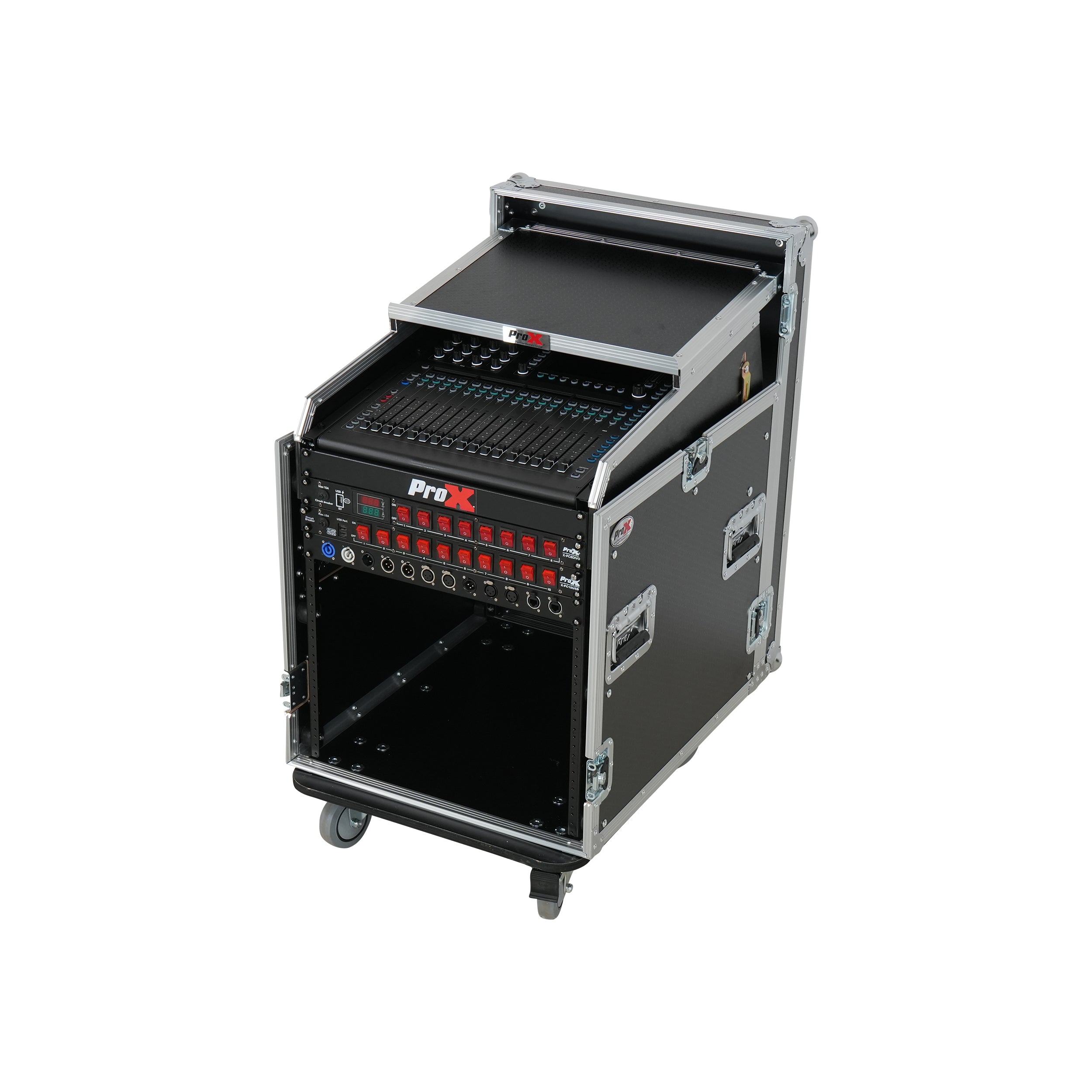 ProX 13U Top Mixer Audio Console DJ 12U Front Rack Combo Flight Case W Laptop Shelf and Casters