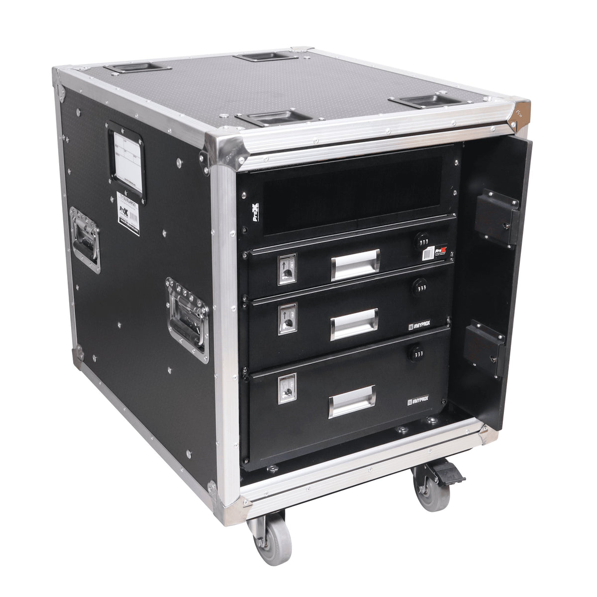 ProX 12U 20" Deep Vertical Rack to Rack Shock Mount Case with 2 Sliding Slam Doors & 4" Caster Wheels.