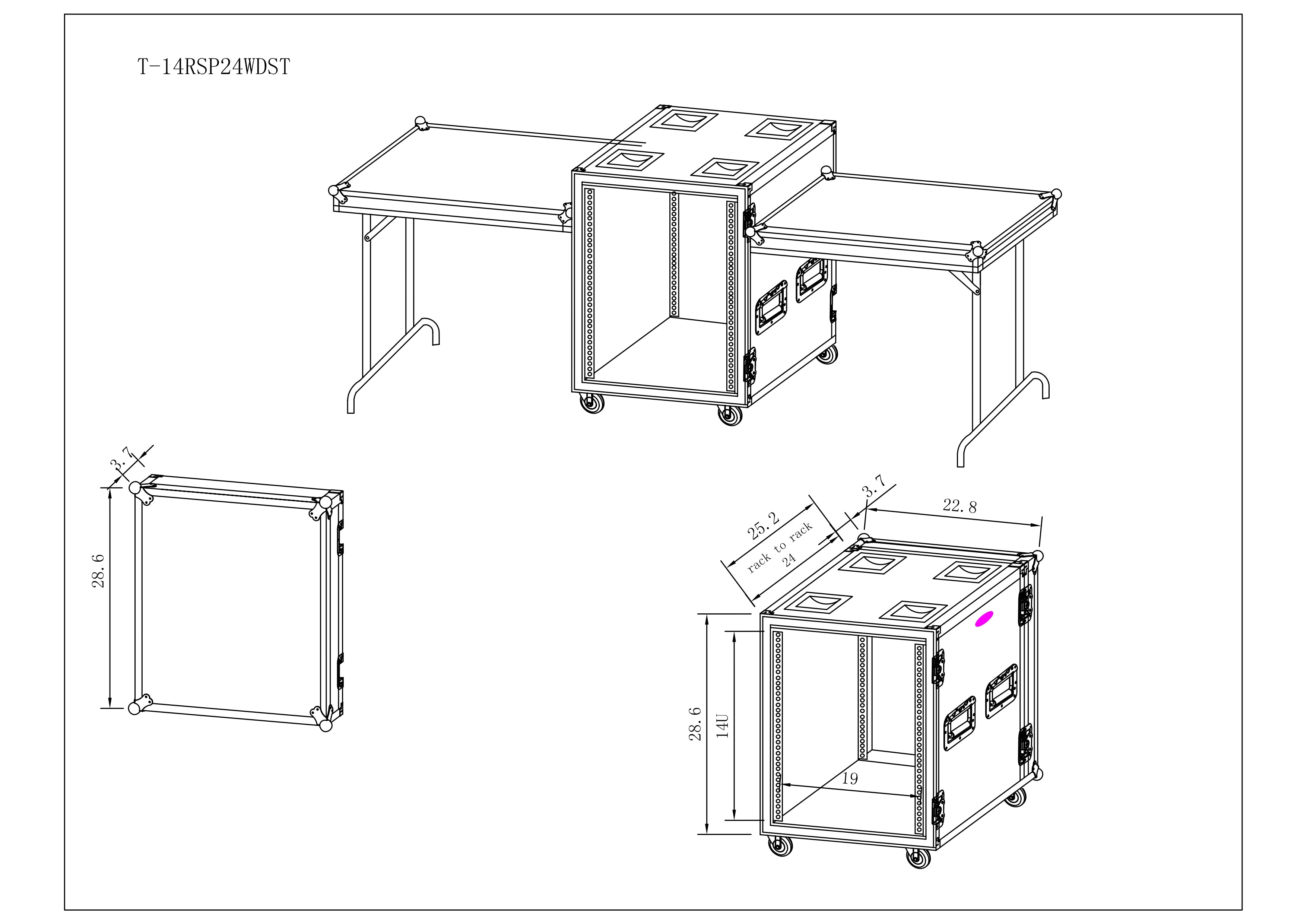ProX 14U Vertical 24" deep Rail to RailShockproof Amp/Rack Case w/ dual side tables and 4 Casters