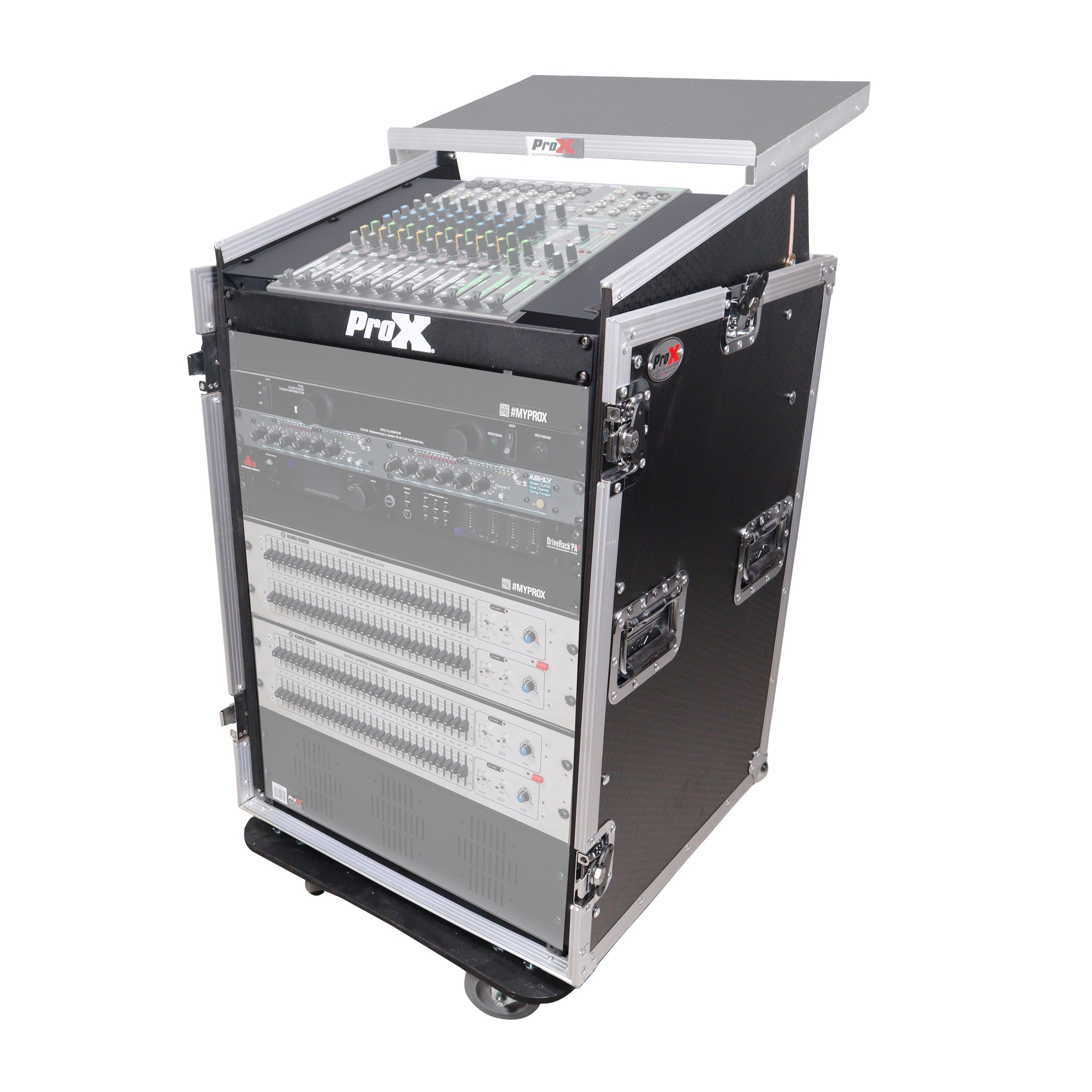 ProX 16U Vertical Rack Mount Flight Case with 10U Top for Mixer Combo Amp Rack with Laptop Shelf and Caster Wheels