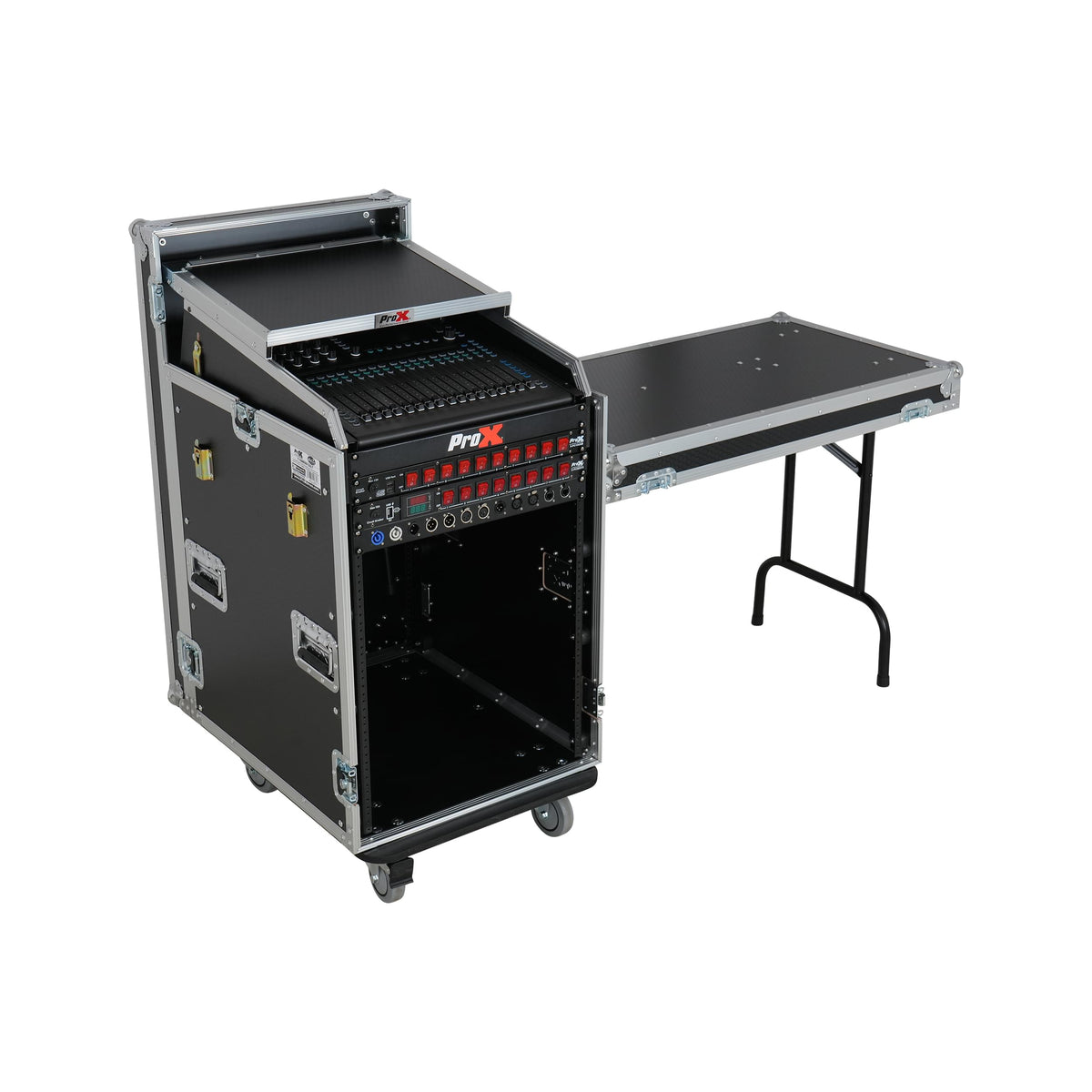 ProX Universal 19 Rack-mount Mixer with 13U Top and 16U Front with 2 Side Work Tables.