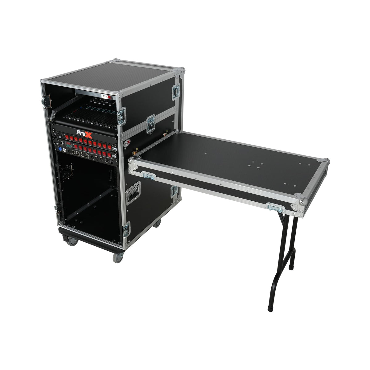 ProX Universal 19 Rack-mount Mixer with 13U Top and 16U Front with 2 Side Work Tables.