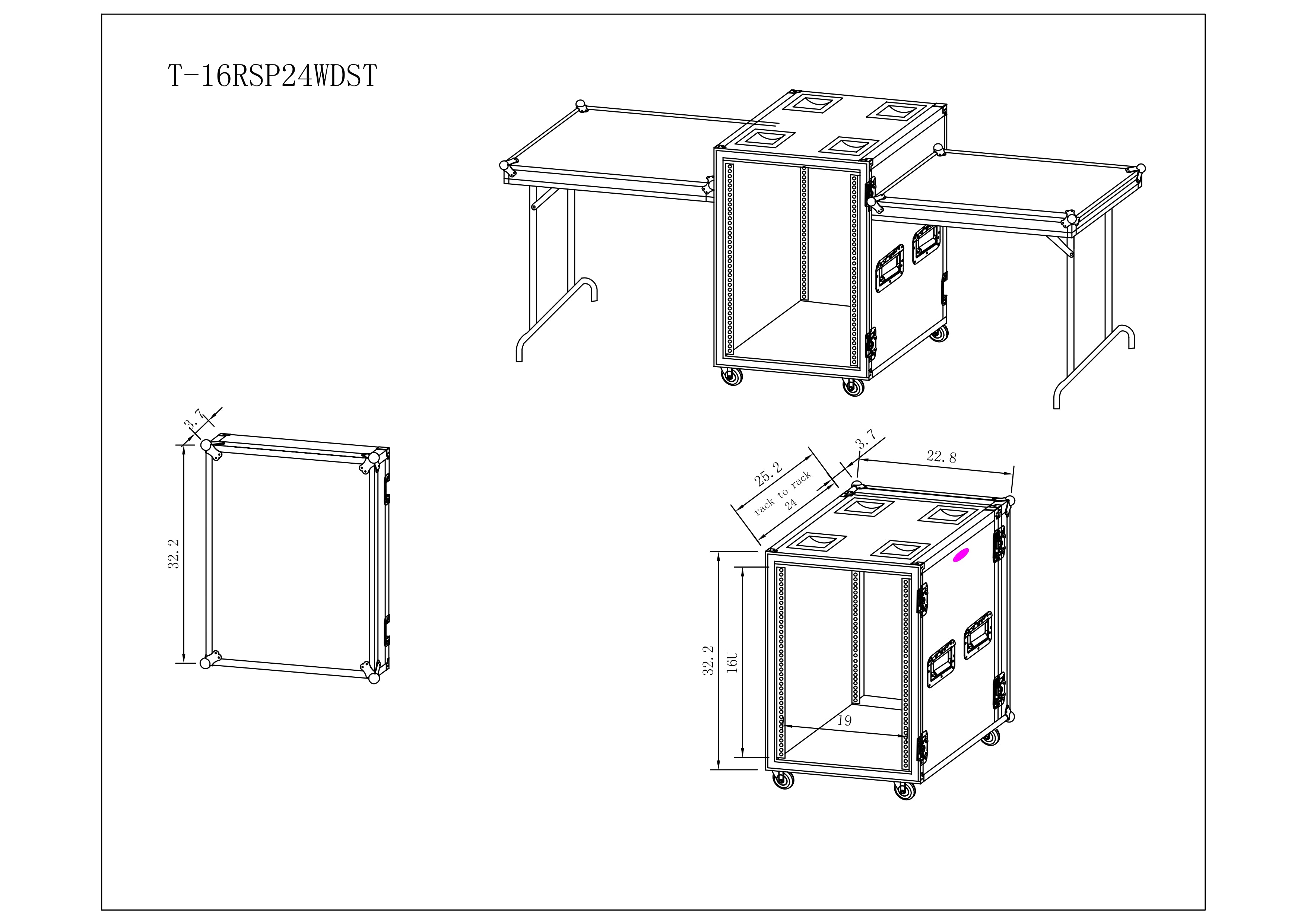 ProX 16U Vertical Shockproof Amp/Rack Case W/Dual Side Tables & 4 Casters (24" Rail to Rail)