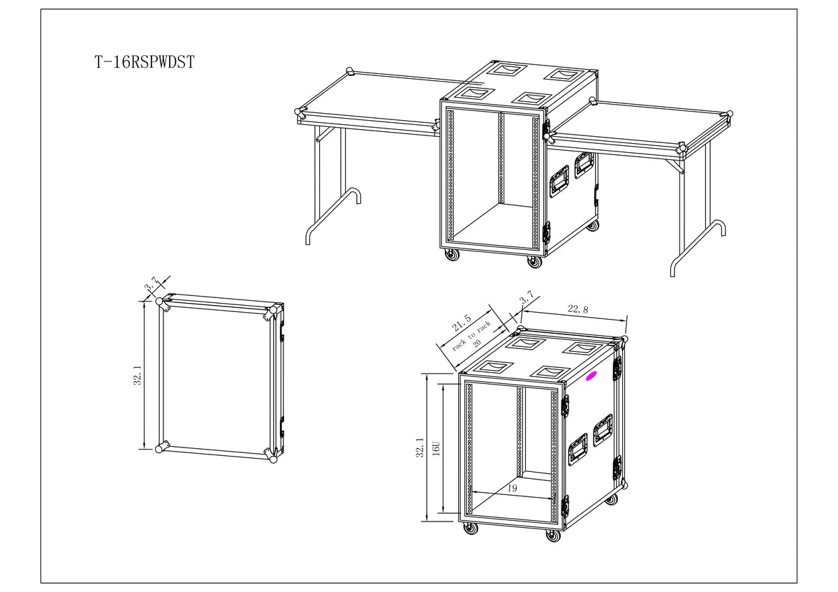 ProX 16U Vertical Shockproof Amp Rack Case W-Side Tables 20 In Depth W-Casters.