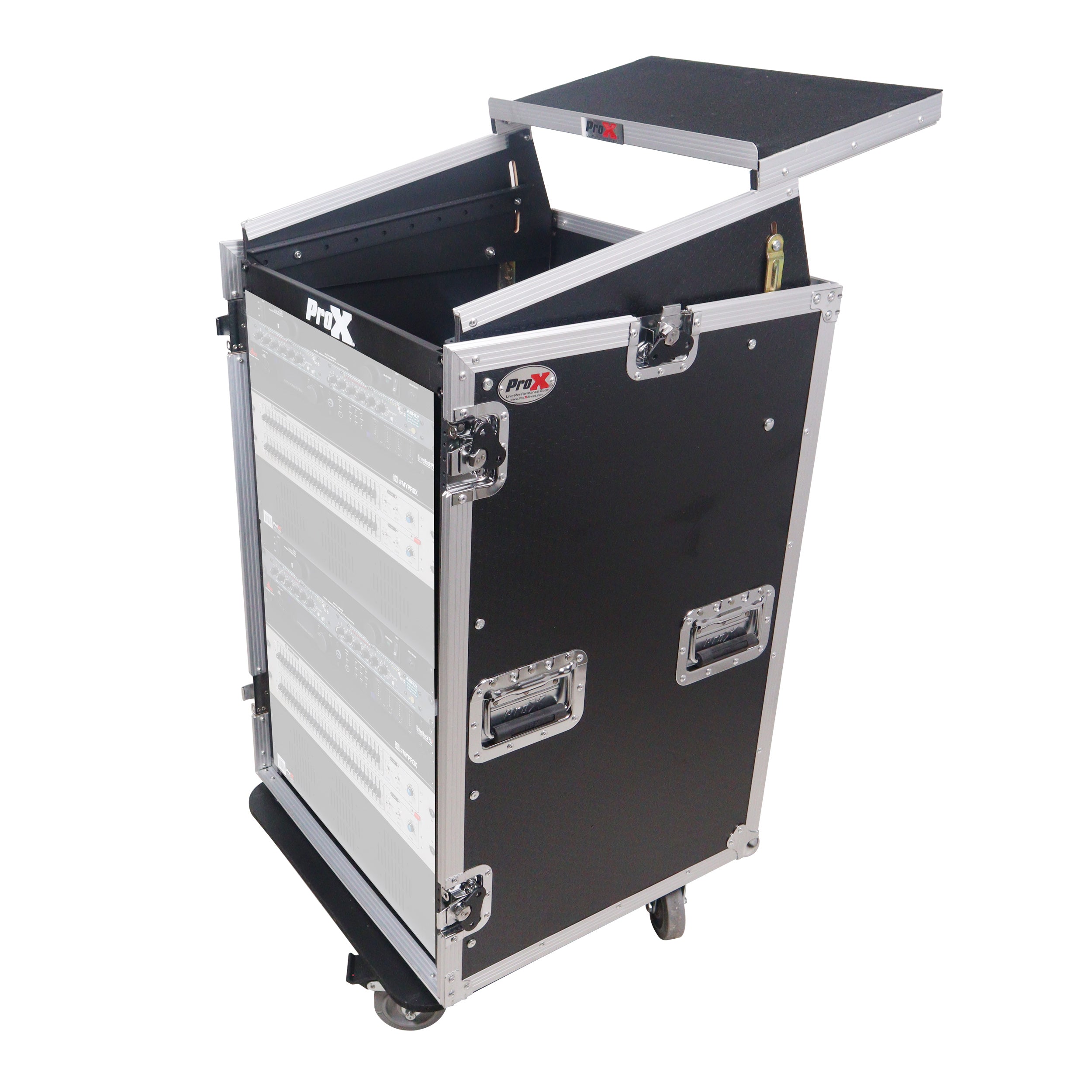 ProX 18U Vertical Rack Mount Flight Case with 10U Top for Mixer Combo Amp Rack with Laptop Shelf and Caster Wheels