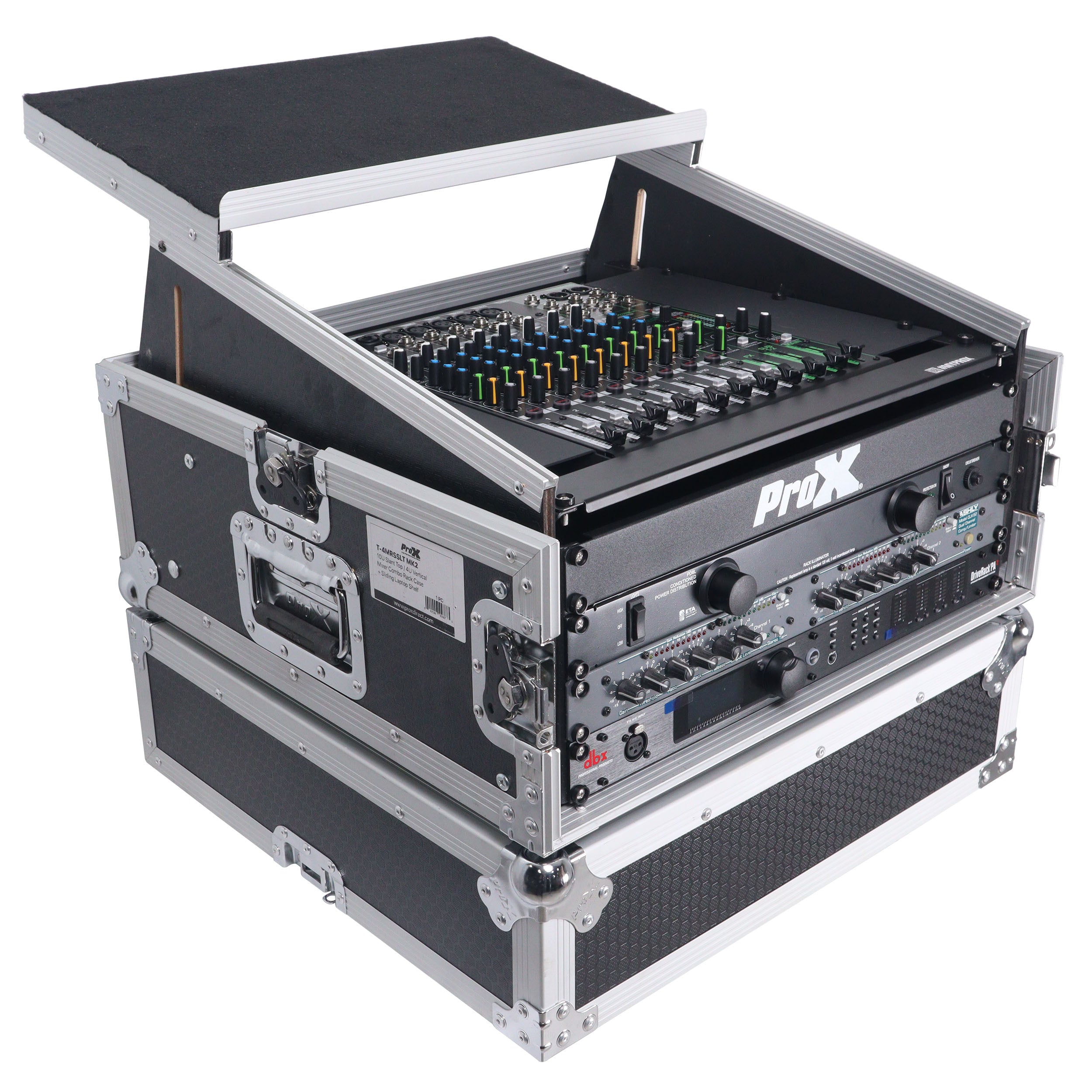 ProX 4U Vertical Rack Mount Flight Case with 10U Top for Mixer Combo Amp Rack with Laptop Shelf