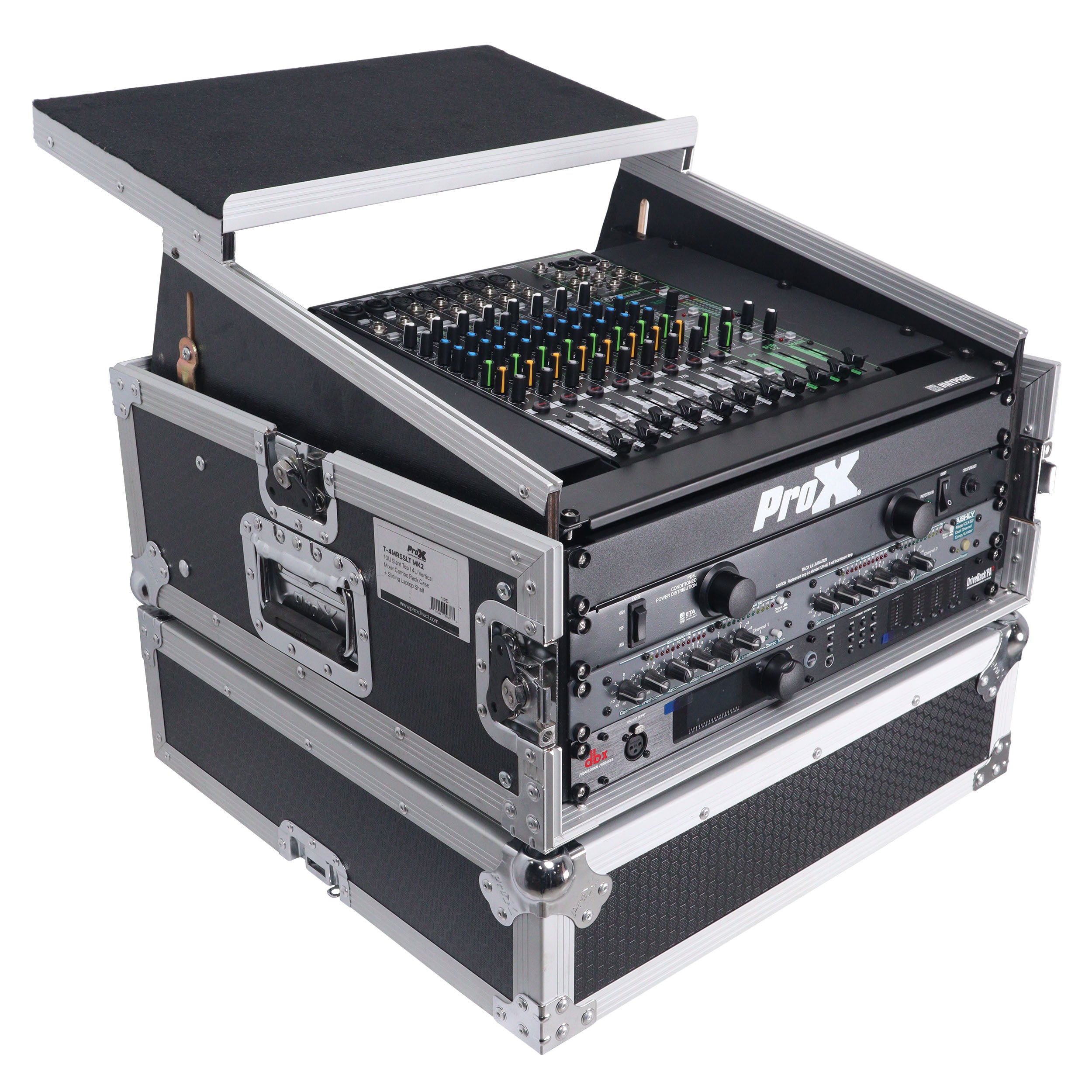 ProX 4U Vertical Rack Mount Flight Case with 10U Top for Mixer Combo Amp Rack with Laptop Shelf