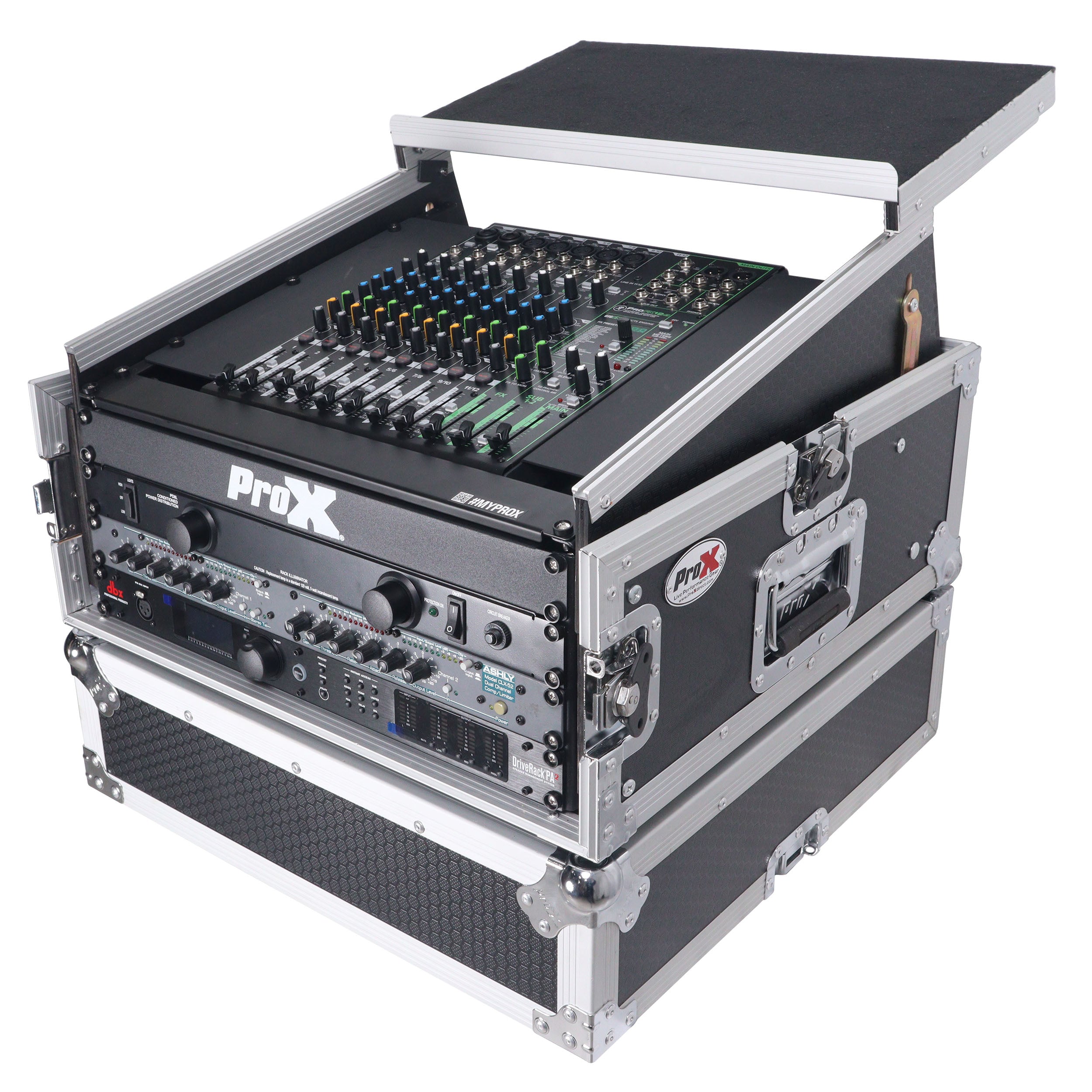 ProX 4U Vertical Rack Mount Flight Case with 10U Top for Mixer Combo Amp Rack with Laptop Shelf