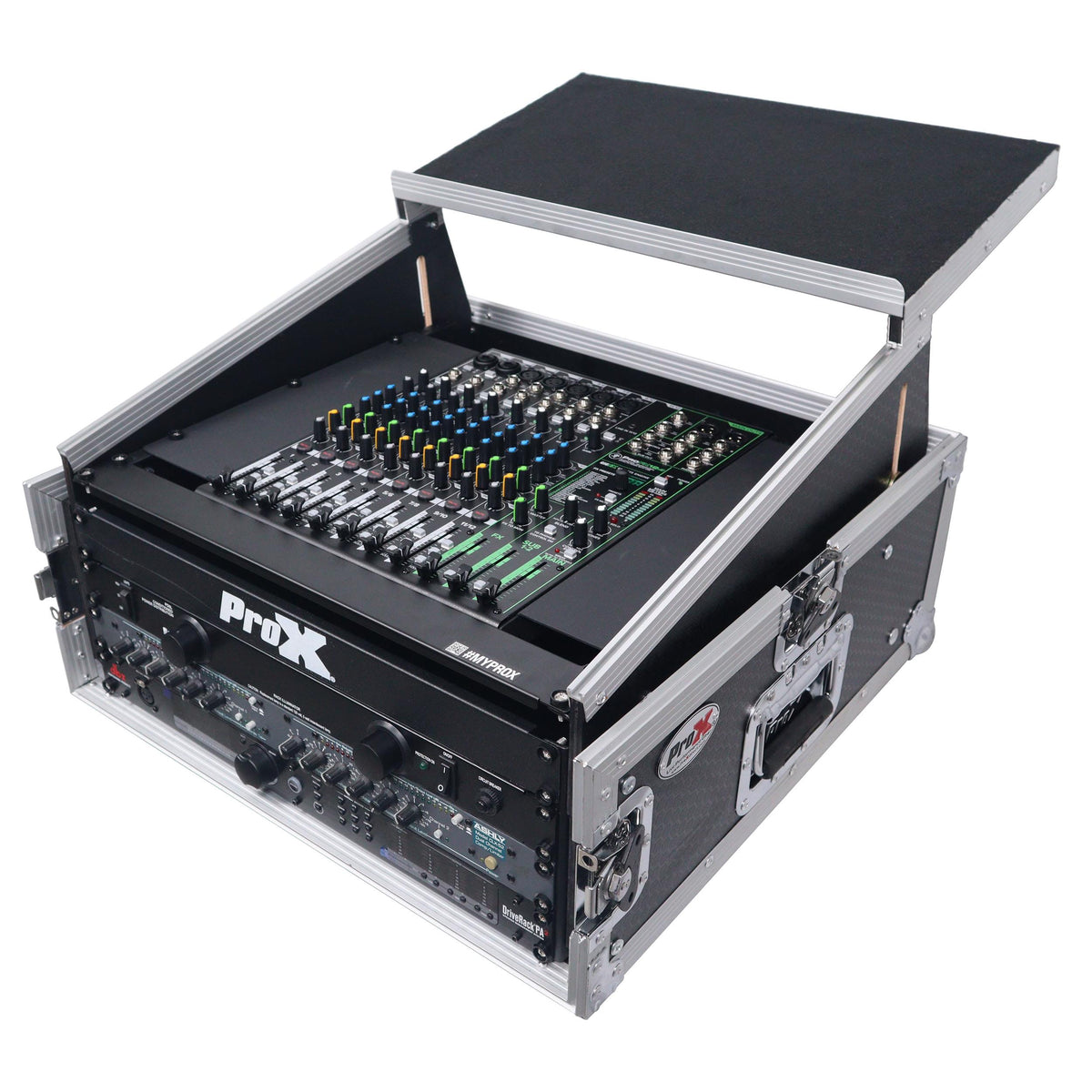 ProX 6U Vertical Rack Mount Flight Case with 10U Top for Mixer Combo Amp Rack with Laptop Shelf.