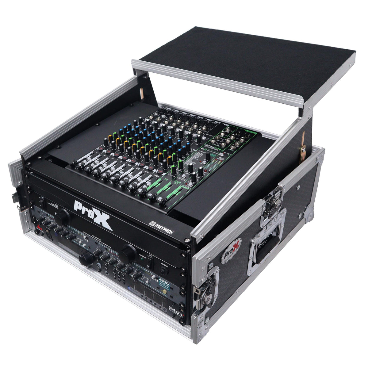 ProX 4U Vertical Rack Mount Flight Case with 10U Top for Mixer Combo Amp Rack with Laptop Shelf.