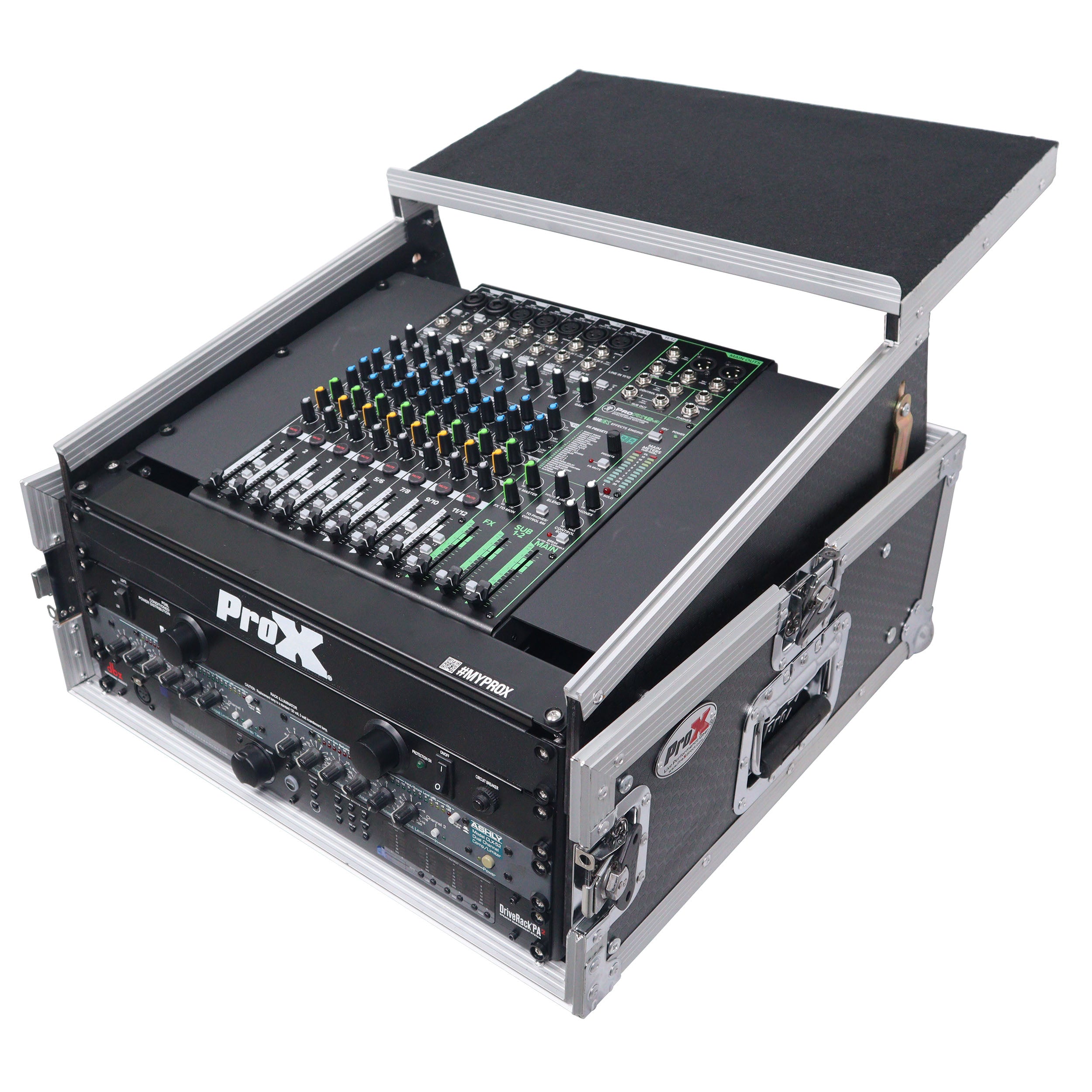 ProX 4U Vertical Rack Mount Flight Case with 10U Top for Mixer Combo Amp Rack with Laptop Shelf
