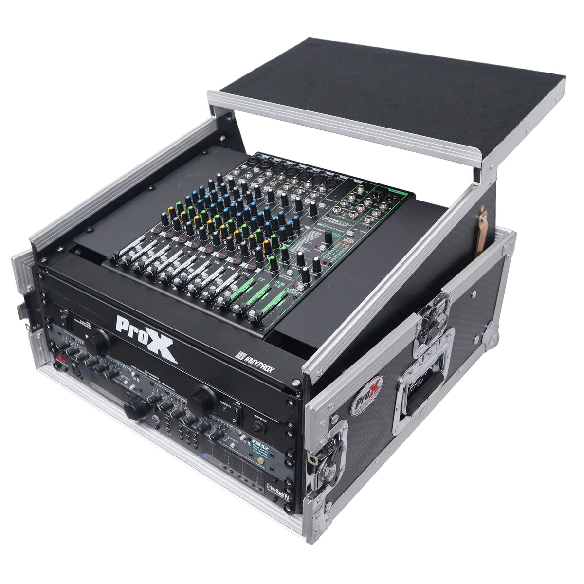ProX 4U Vertical Rack Mount Flight Case with 10U Top for Mixer Combo Amp Rack with Laptop Shelf.