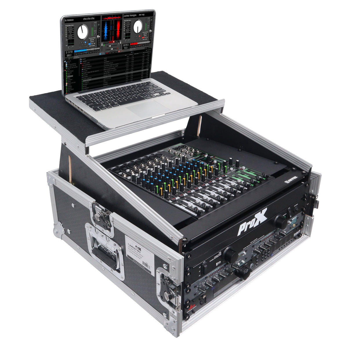 ProX 4U Vertical Rack Mount Flight Case with 10U Top for Mixer Combo Amp Rack with Laptop Shelf.
