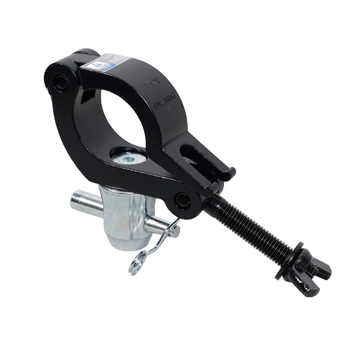 ProX Aluminum Side Entry M10 Clamp with Reversed Elbow Half Conical for 2" Truss Tube Capacity 661 lbs Black Finish.