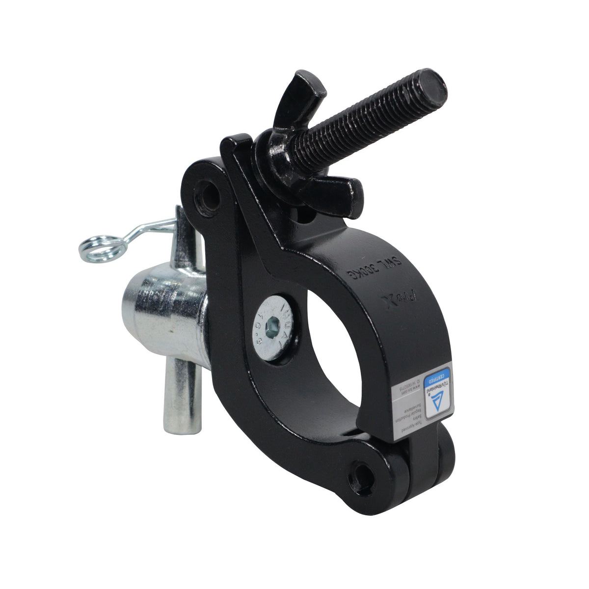 ProX Aluminum Side Entry M10 Clamp with Reversed Elbow Half Conical for 2" Truss Tube Capacity 661 lbs Black Finish.