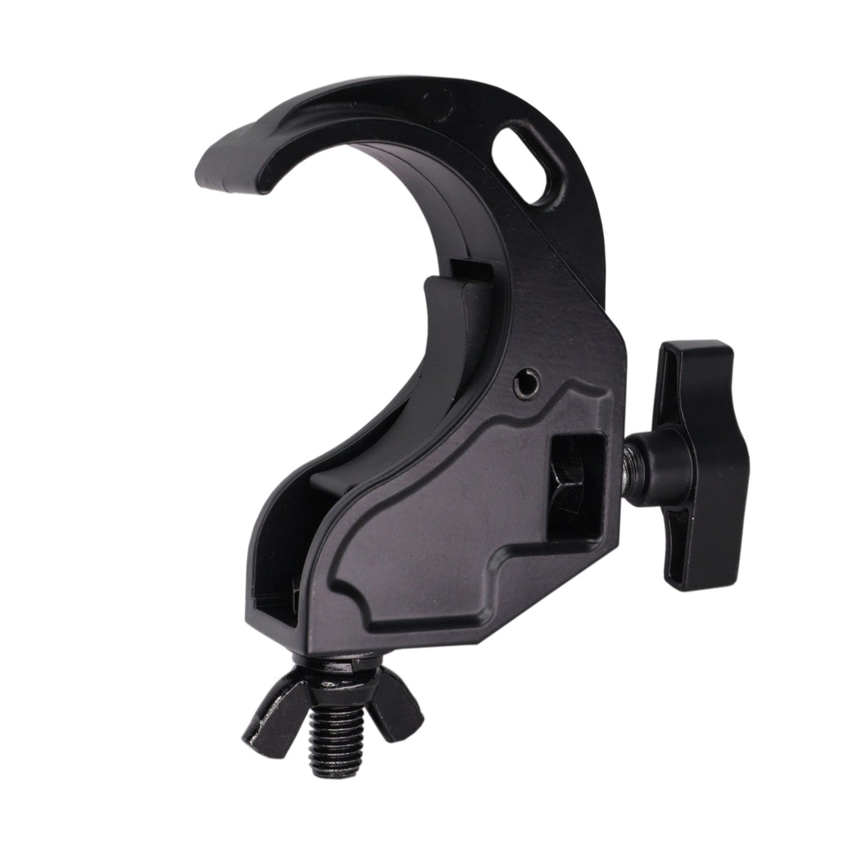 ProX Aluminum Hook Style M10 Clamp with Big Wing Knob for 2" Truss Tube Capacity 45 Lbs. Black Finish.