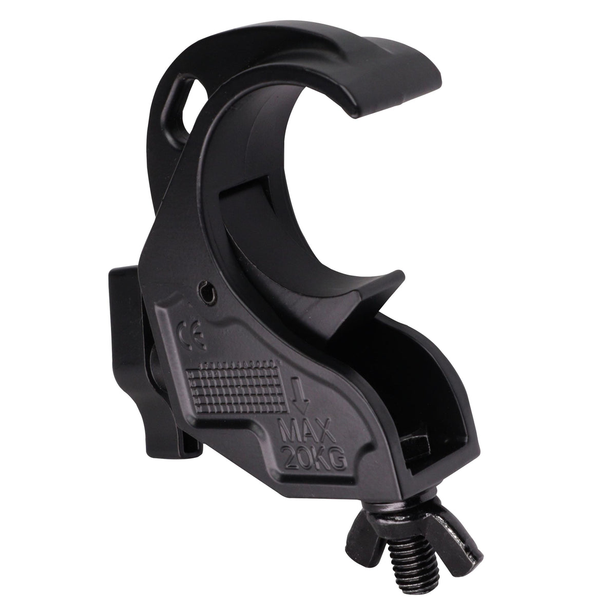 ProX Aluminum Hook Style M10 Clamp with Big Wing Knob for 2" Truss Tube Capacity 45 Lbs. Black Finish.