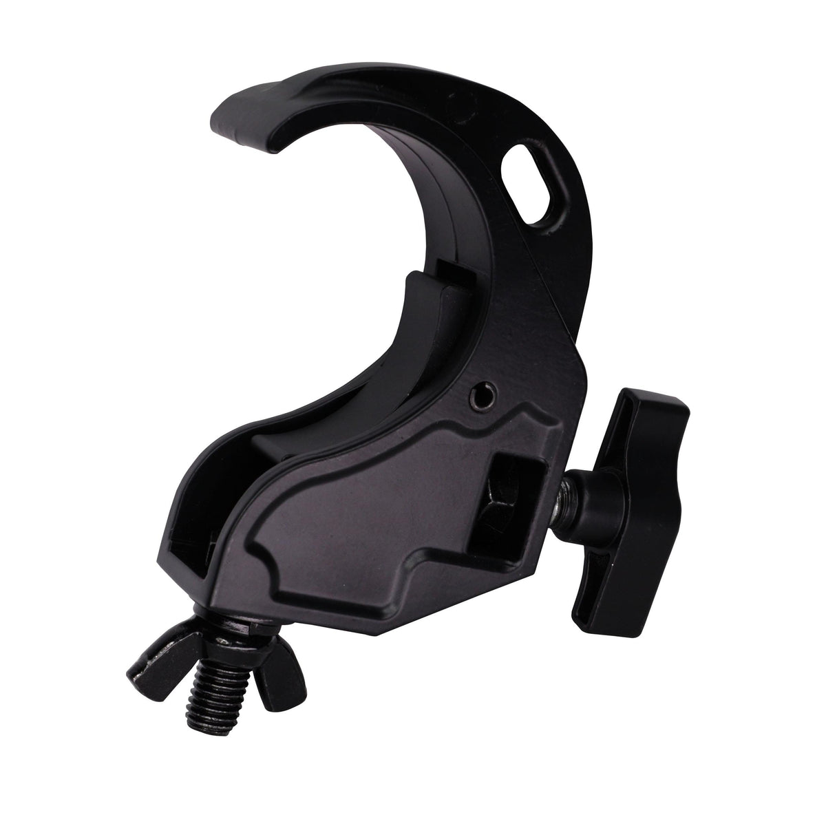 ProX Aluminum Hook Style M10 Clamp with Big Wing Knob for 2" Truss Tube Capacity 45 Lbs. Black Finish.