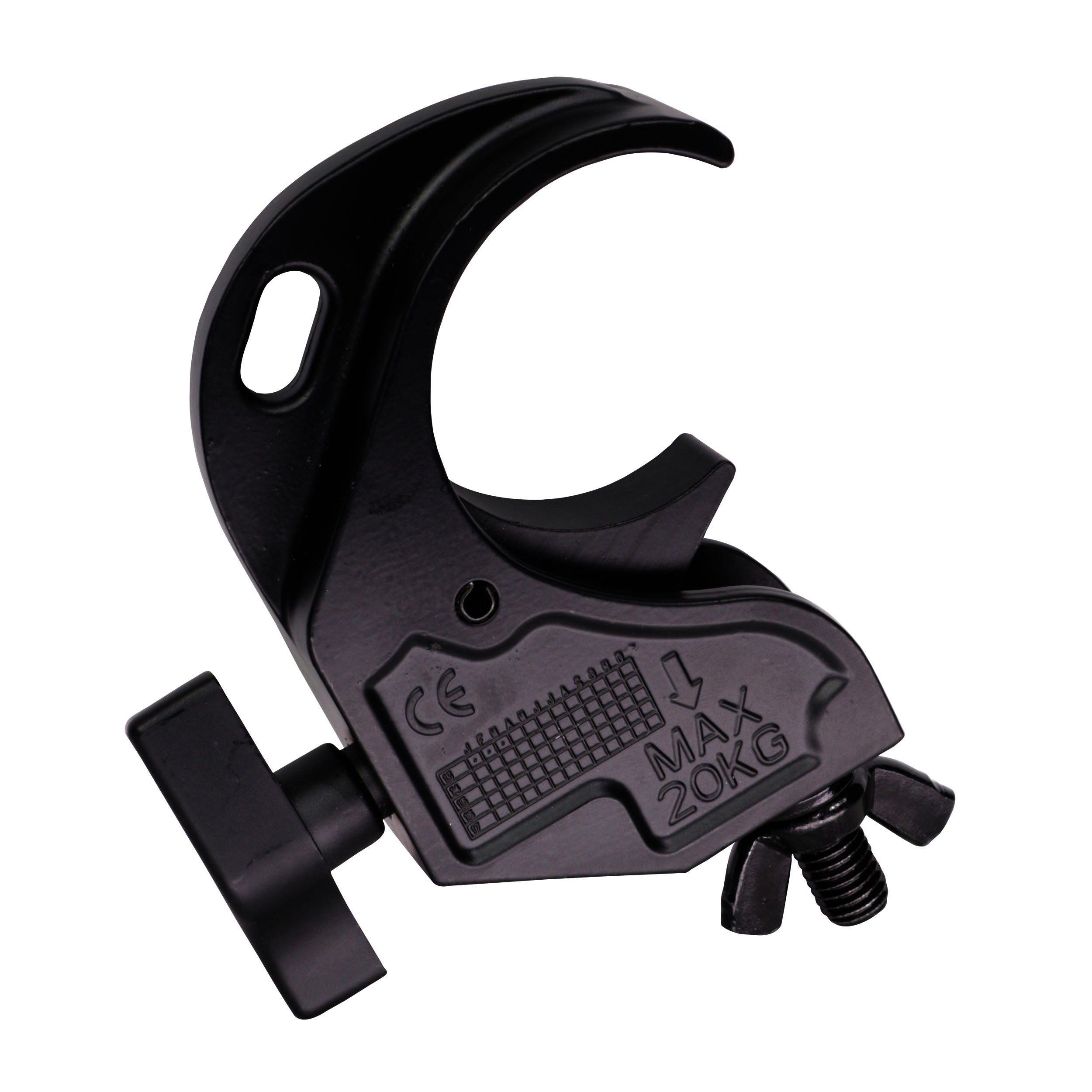ProX Aluminum Hook Style M10 Clamp with Big Wing Knob for 2" Truss Tube Capacity 45 Lbs. Black Finish