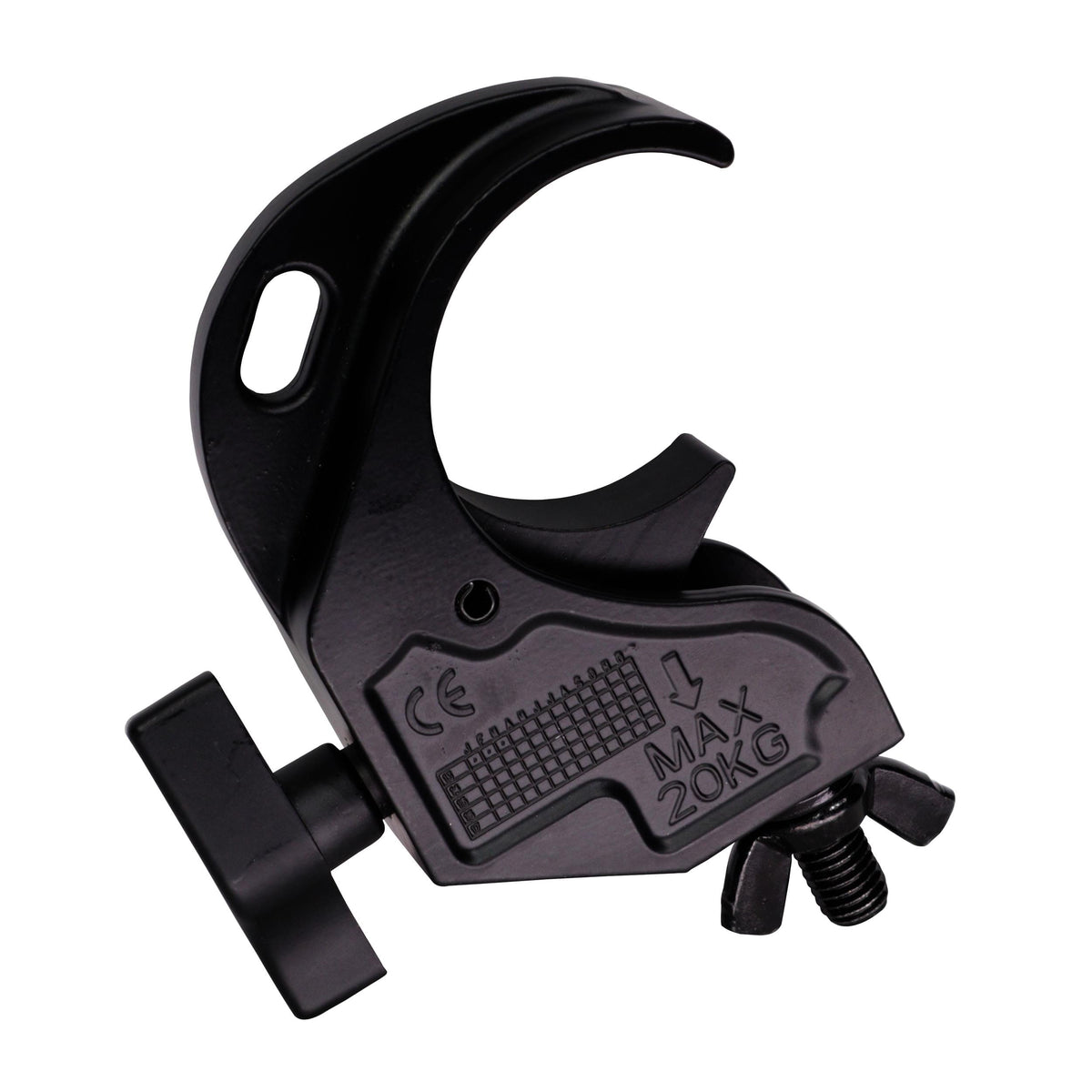ProX Aluminum Hook Style M10 Clamp with Big Wing Knob for 2" Truss Tube Capacity 45 Lbs. Black Finish.