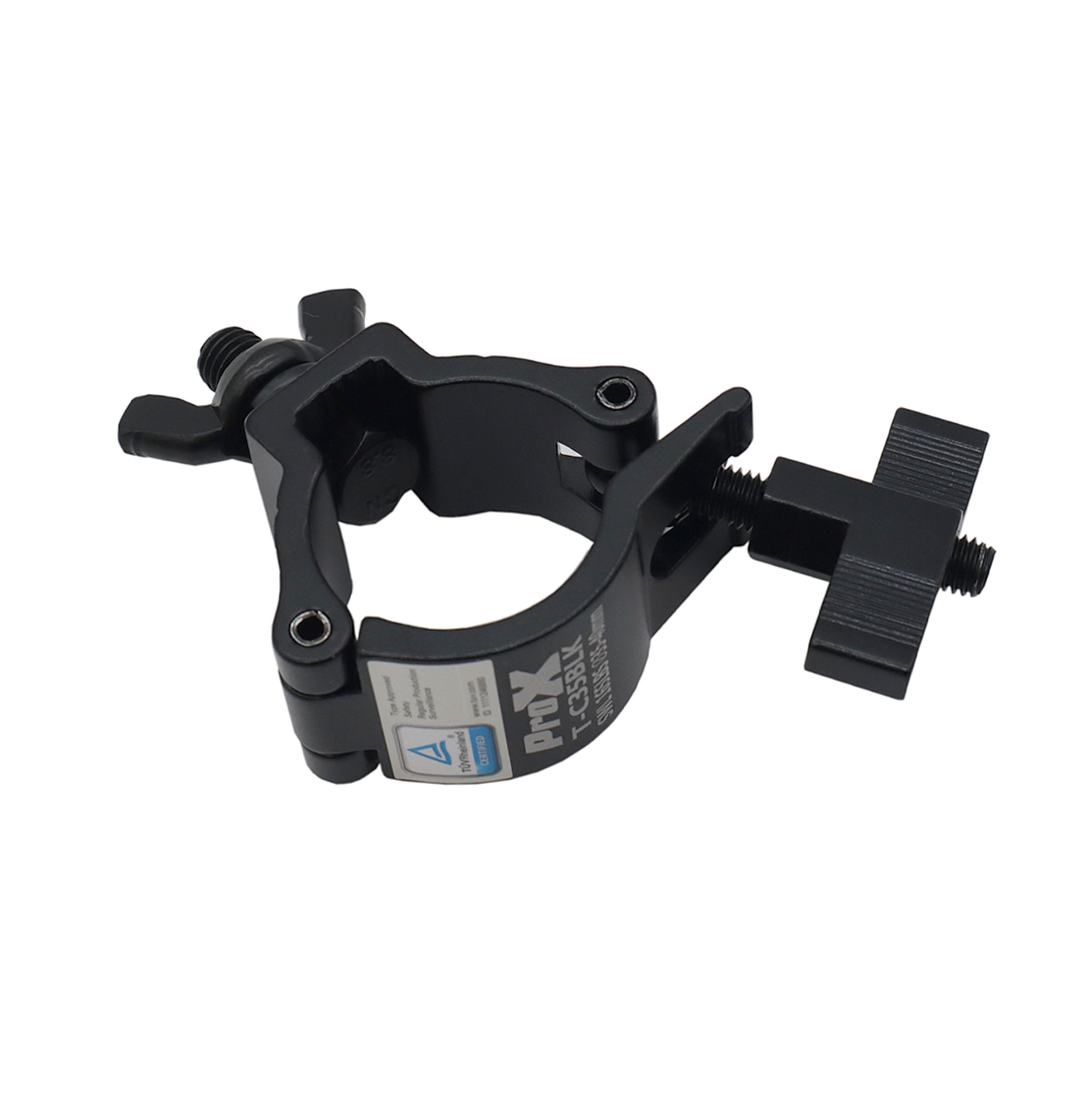 ProX Aluminum Black Mini Clamp Stage Truss Lighting Stand Big Knob fits 1-3/8" to 1-1/2" 35-40mm Tube SWL 165LBS M8 Bolt