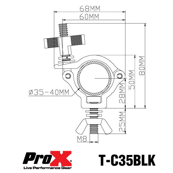ProX Aluminum Black Mini Clamp Stage Truss Lighting Stand Big Knob fits 1-3/8" to 1-1/2" 35-40mm Tube SWL 165LBS M8 Bolt.