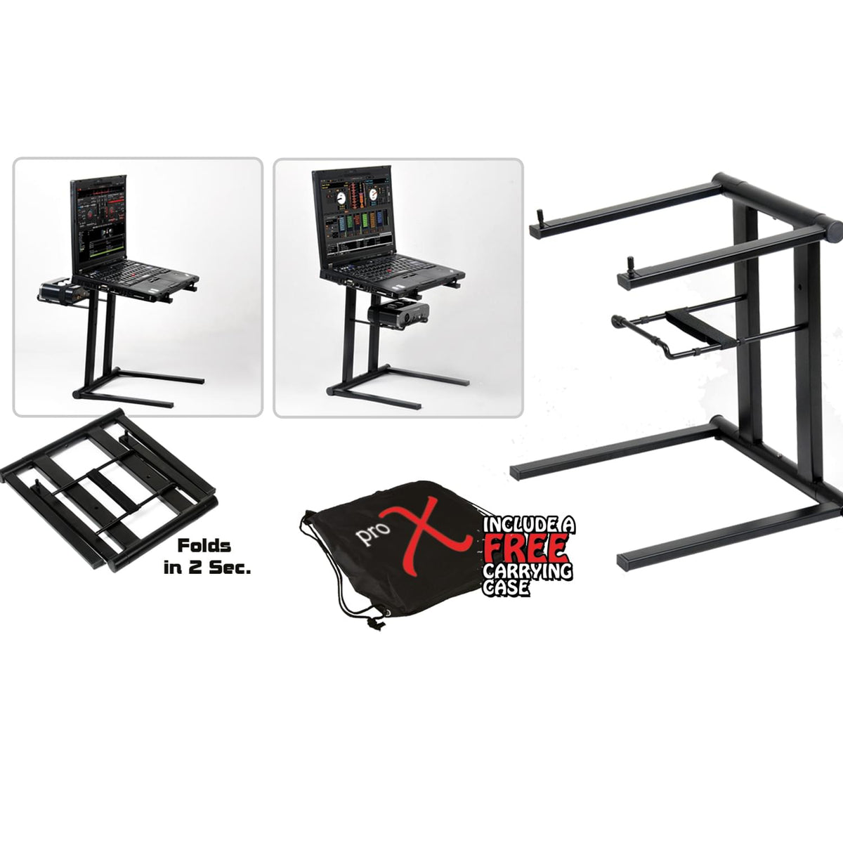 ProX XO DJ Foldable Laptop Stand with Adjustable Shelf & Carrying Bag - BLACK.