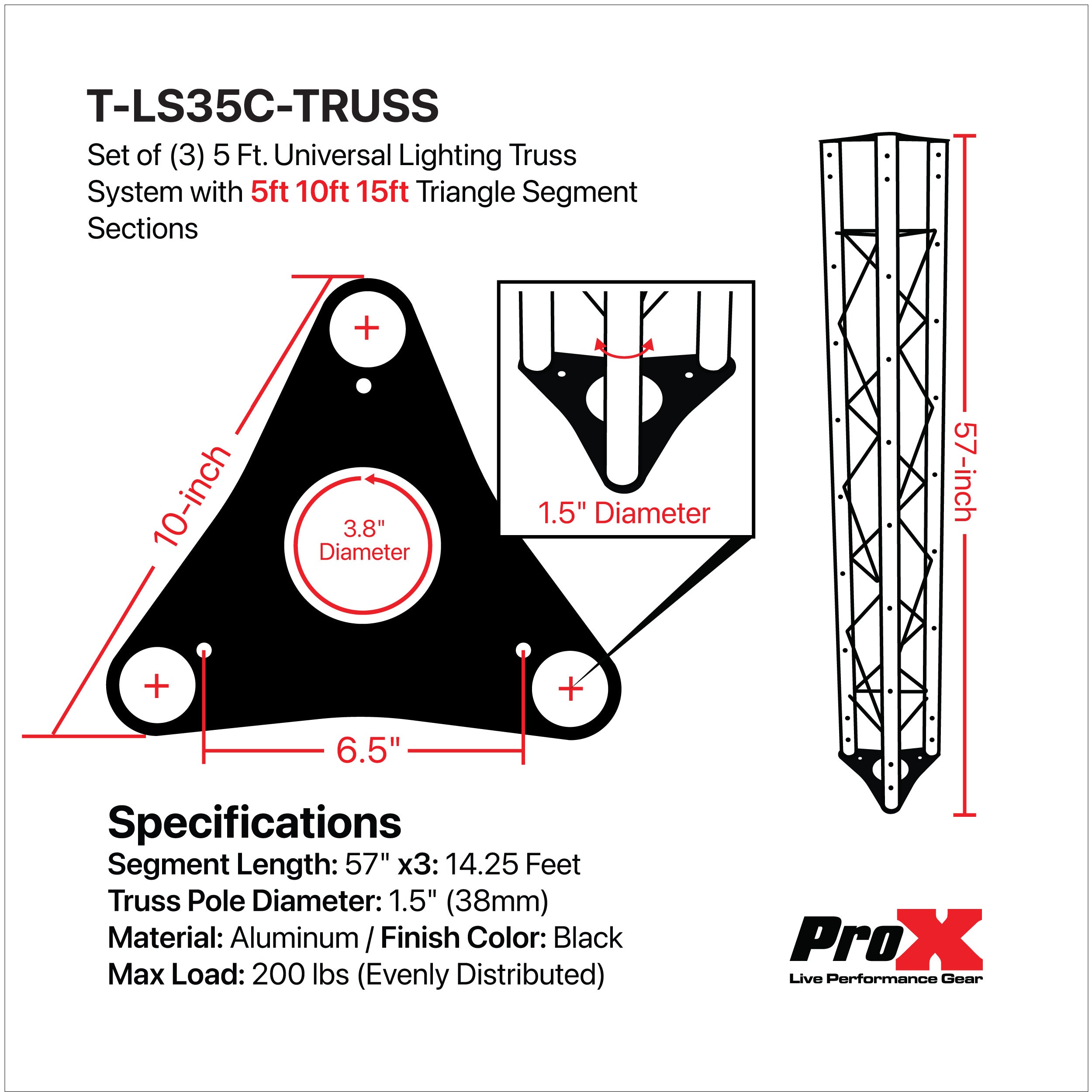 ProX ProX Set of (3) Universal Lighting Truss System with 5Ft 10Ft 15Ft Triangle Segment Sections