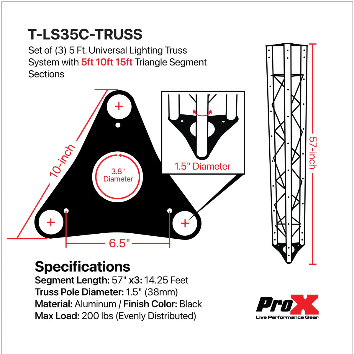 ProX ProX Set of (3) Universal Lighting Truss System with 5Ft 10Ft 15Ft Triangle Segment Sections.