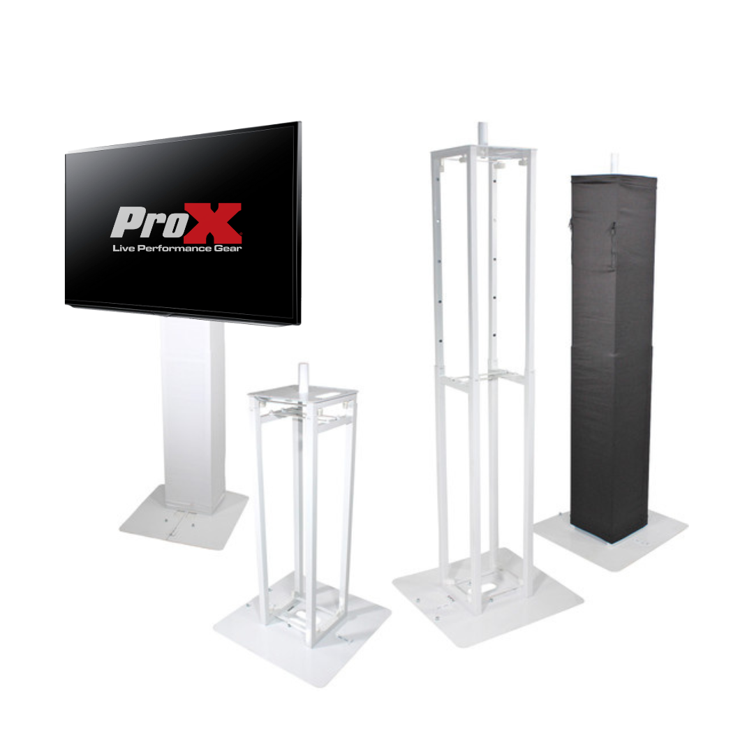 ProX Flex Totem TV - 3ft to 6ft Height Adjustable Totem Stand Incl. TV Mount, Foldable Base Plate and Speaker Stud